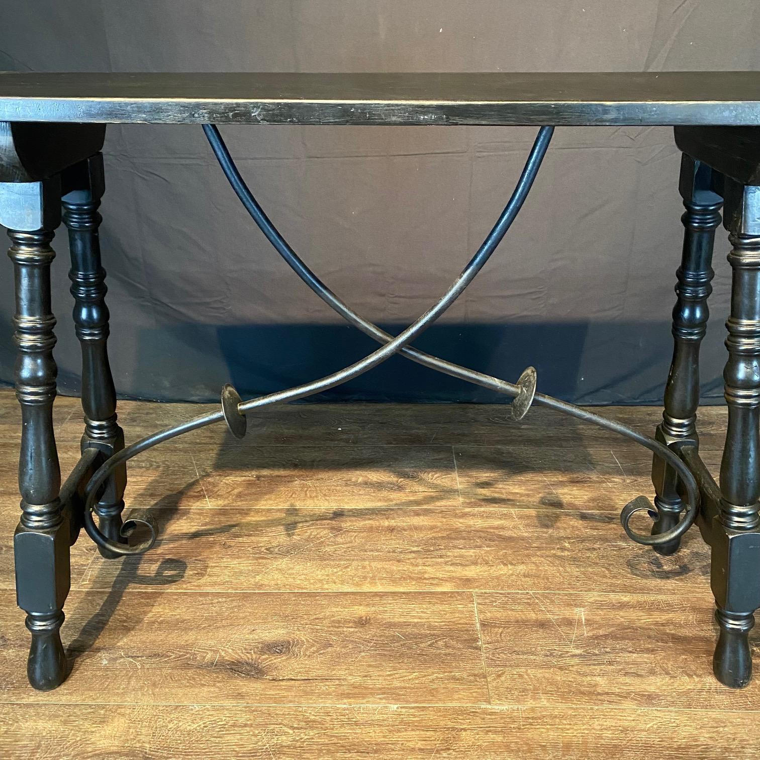 Spanish Colonial Ebonized Wood Spanish Console Table or Sofa Table with Iron Stretcher For Sale