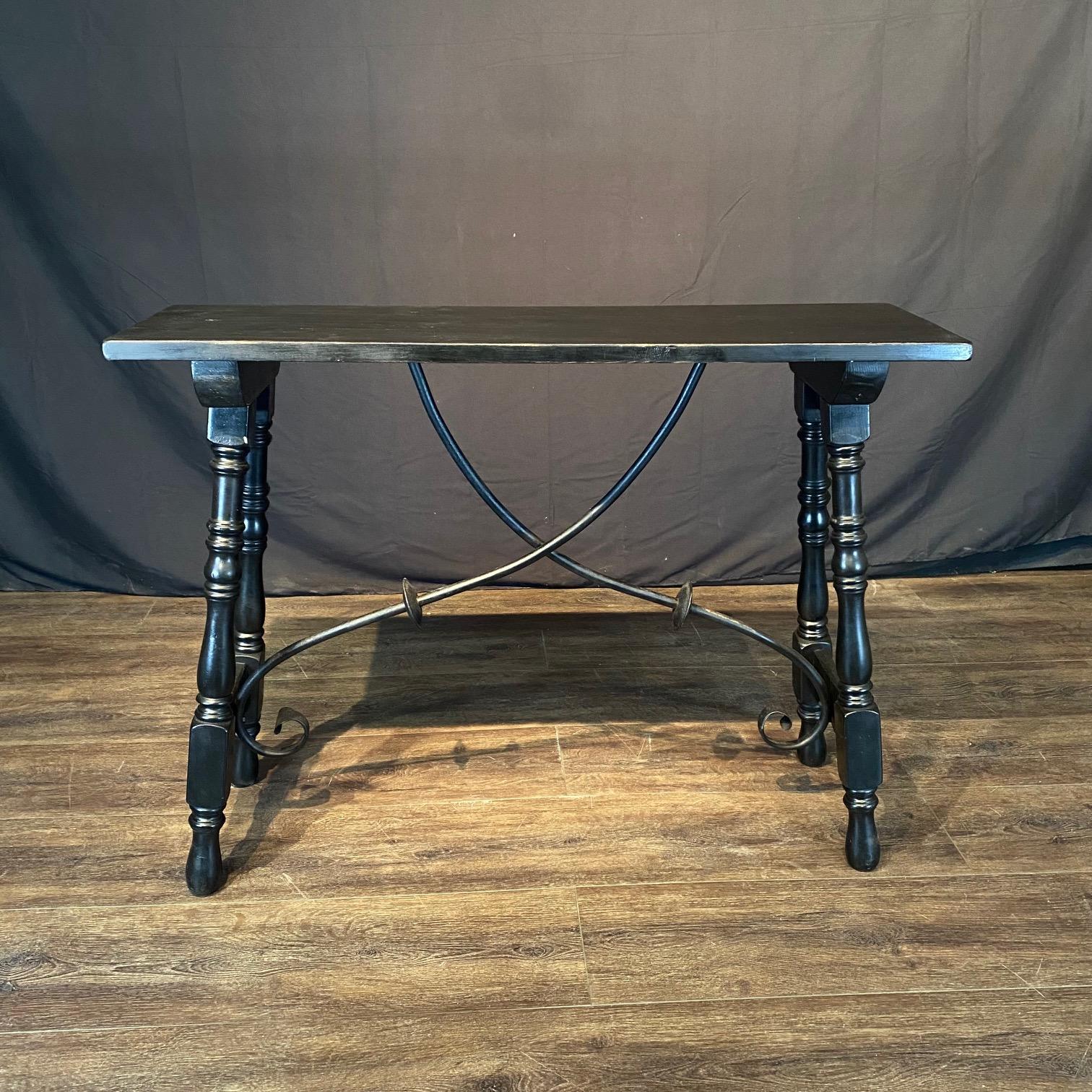 Ebonized Wood Spanish Console Table or Sofa Table with Iron Stretcher In Good Condition For Sale In Hopewell, NJ