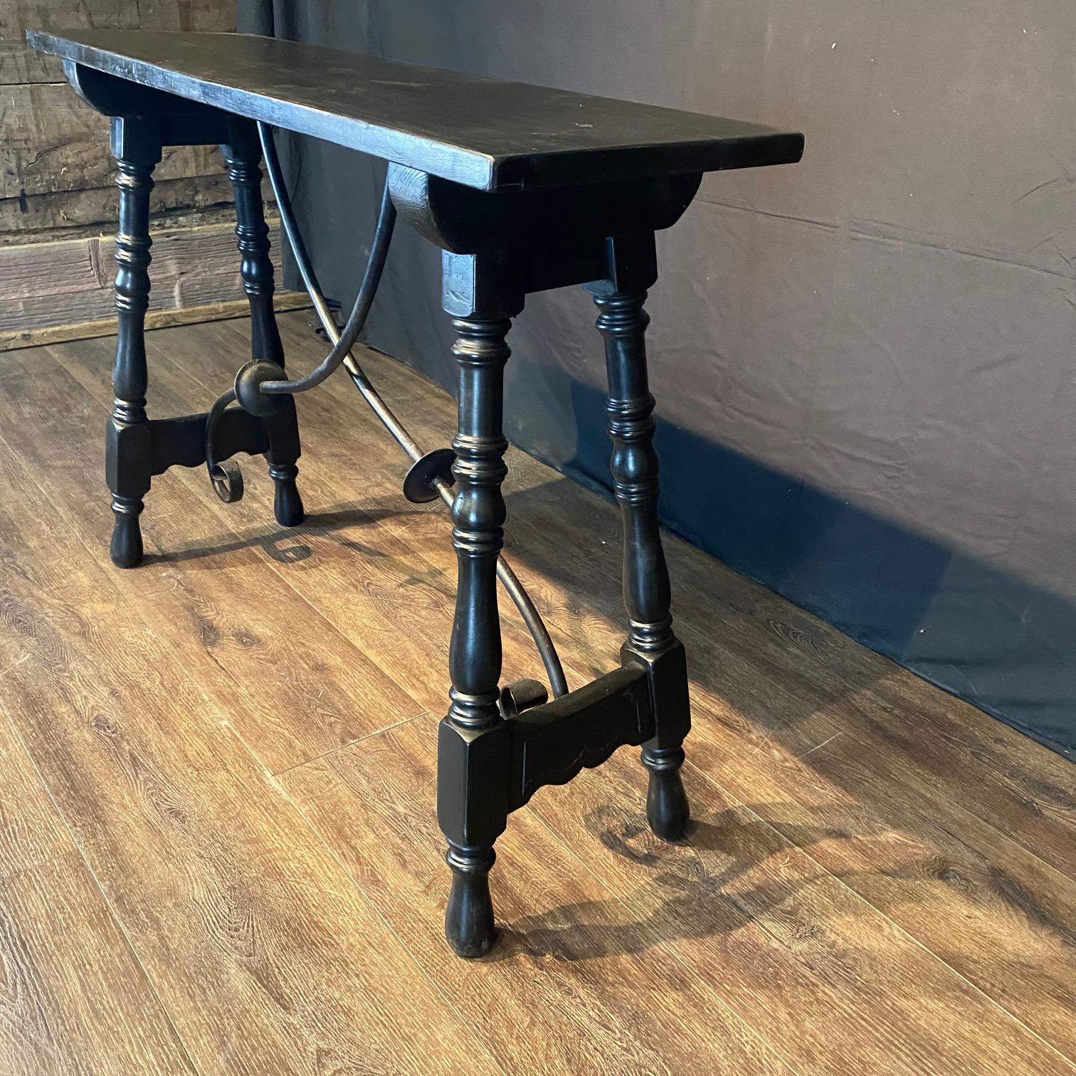 20th Century Ebonized Wood Spanish Console Table or Sofa Table with Iron Stretcher For Sale