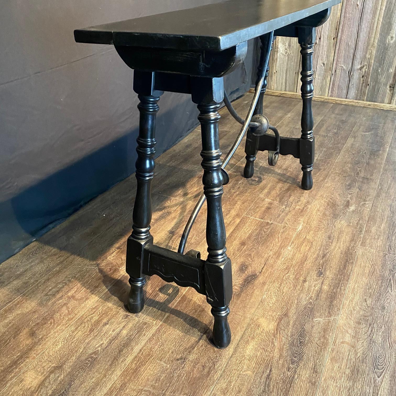 Wrought Iron Ebonized Wood Spanish Console Table or Sofa Table with Iron Stretcher For Sale
