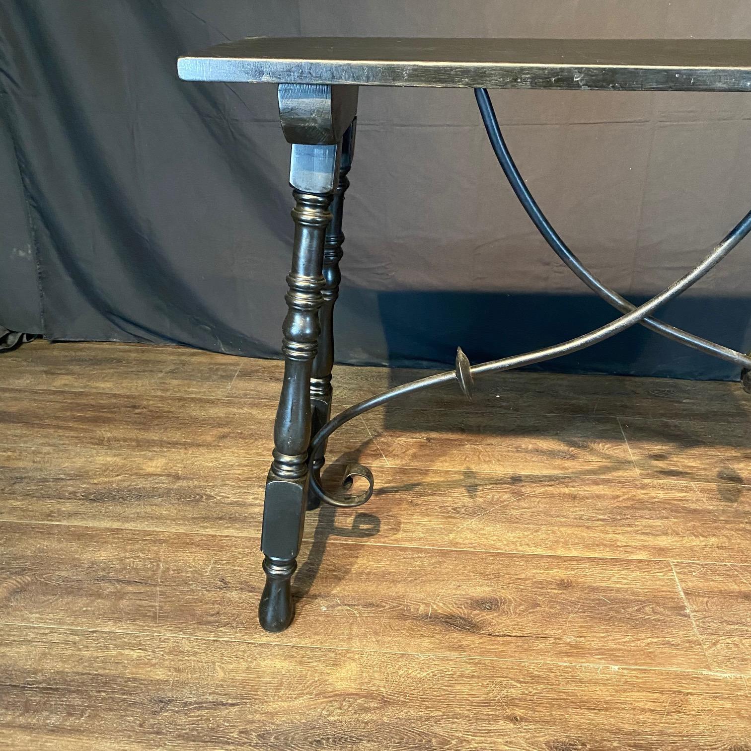 Ebonized Wood Spanish Console Table or Sofa Table with Iron Stretcher For Sale 1