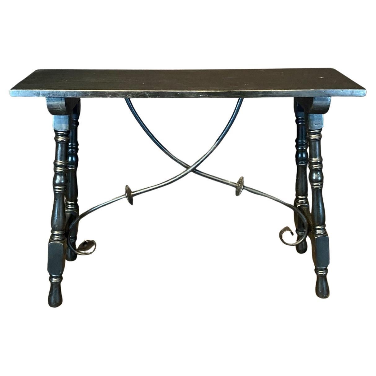 Ebonized Wood Spanish Console Table or Sofa Table with Iron Stretcher For Sale