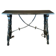 Ebonized Wood Spanish Console Table or Sofa Table with Iron Stretcher