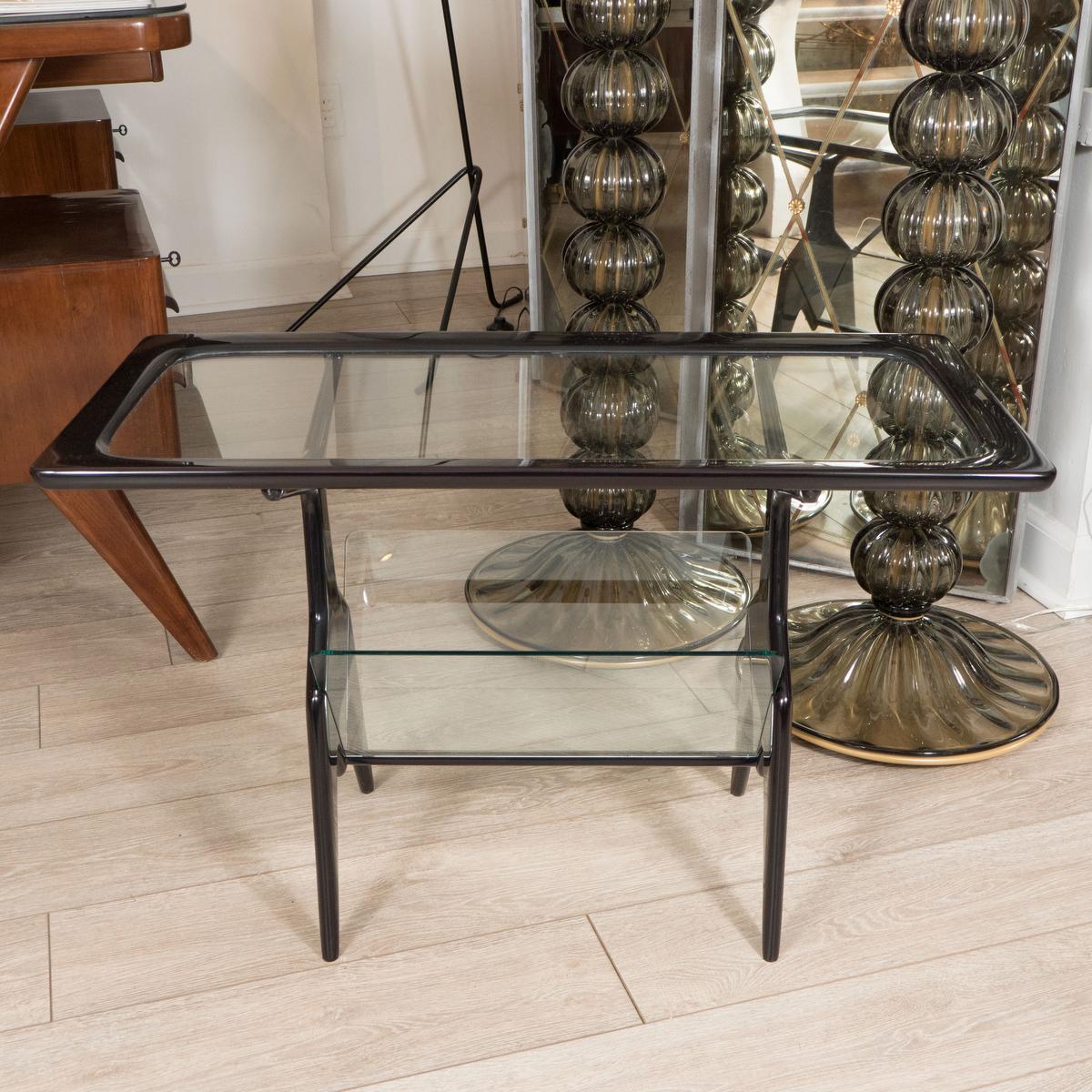 Mid-Century Modern Ebonized Wood Table with Glass Inserts For Sale