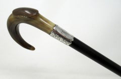 Ebonized Wood Walking Stick Cane Horn Crook Handle Sterling Silver Collar, 1912