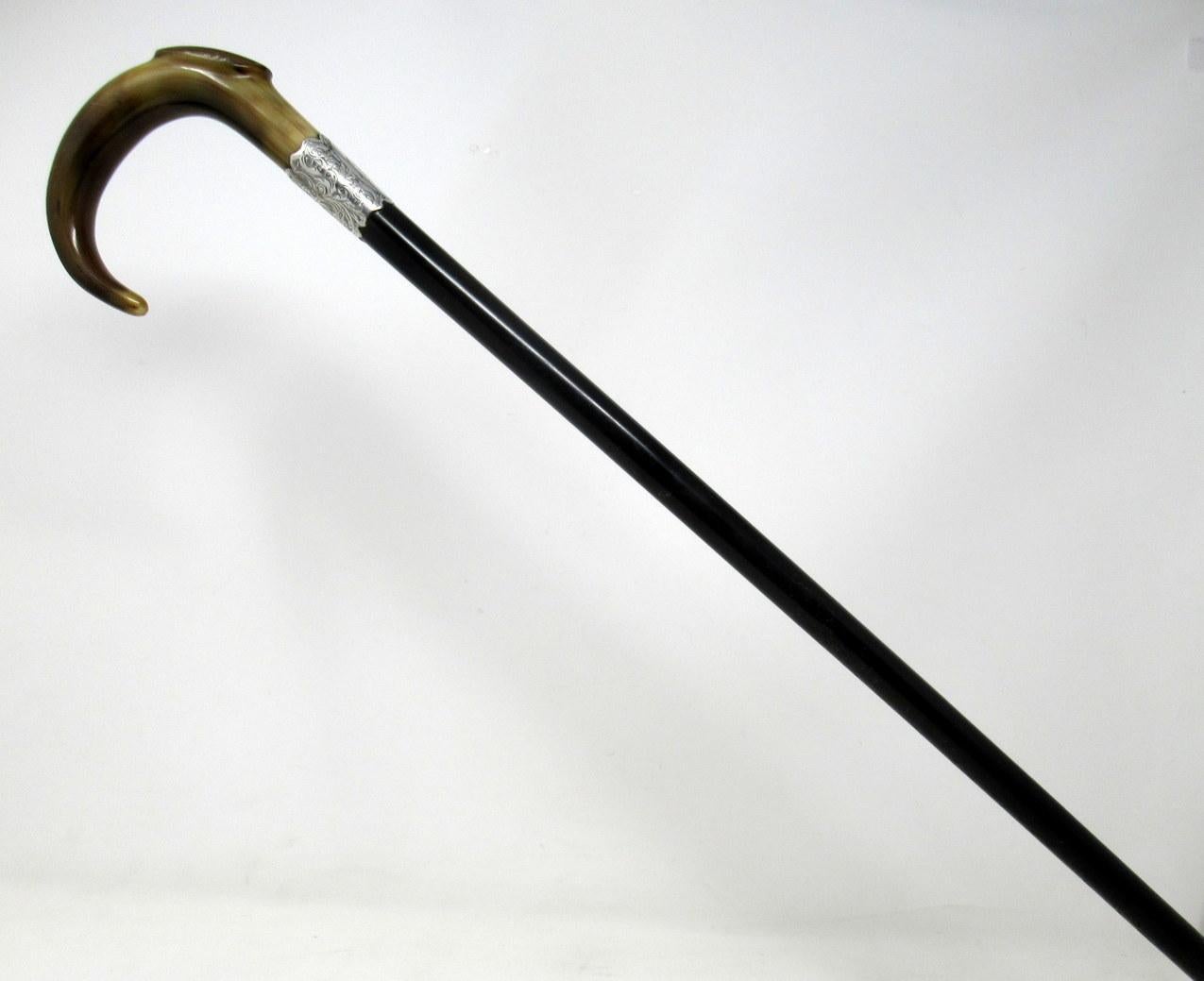 Embossed Ebonized Wood Walking Stick Cane Horn Crook Handle Sterling Silver Collar, 1912