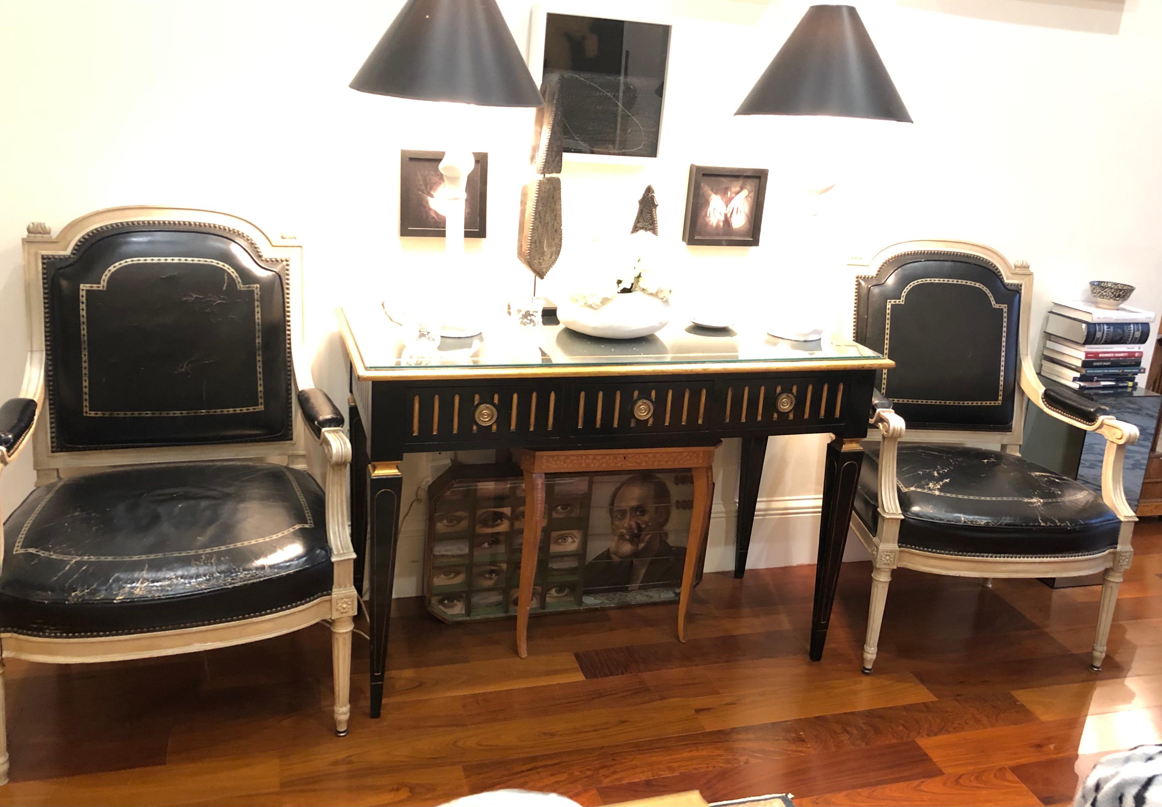 Ebony and Parcel-Gilt Decorated Three-Drawer Desk, Maison Jansen attr. For Sale 10