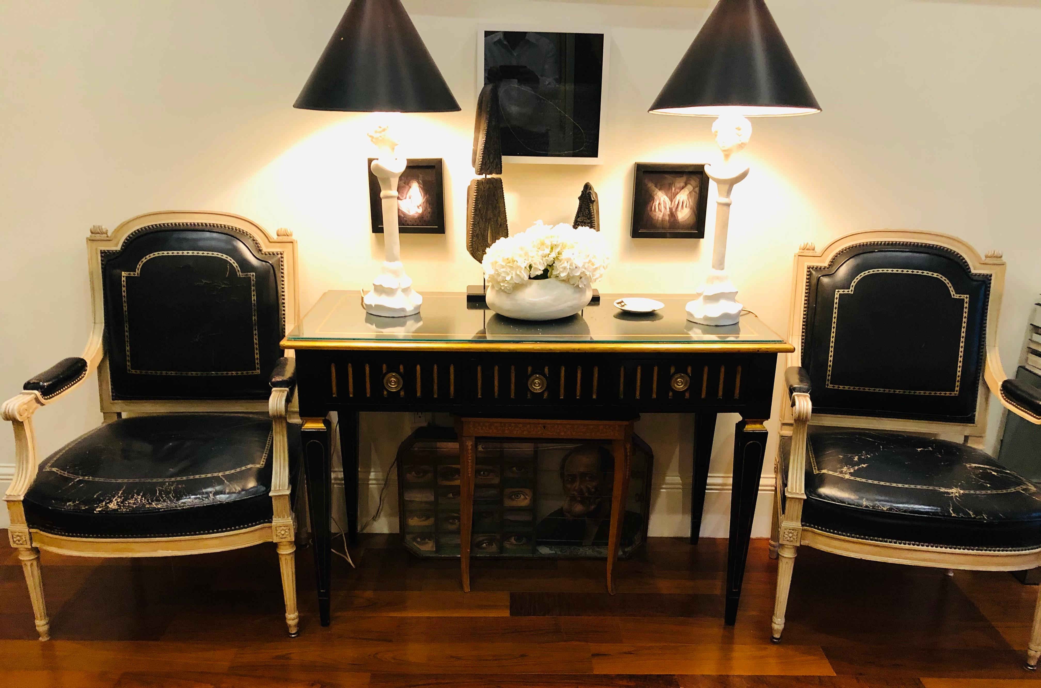 Ebony and Parcel-Gilt Decorated Three-Drawer Desk, Maison Jansen attr. For Sale 11