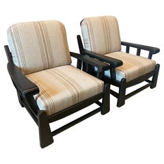 Ebony Ash and Linen Pair of Lounge Chairs, Dutch, 1960's