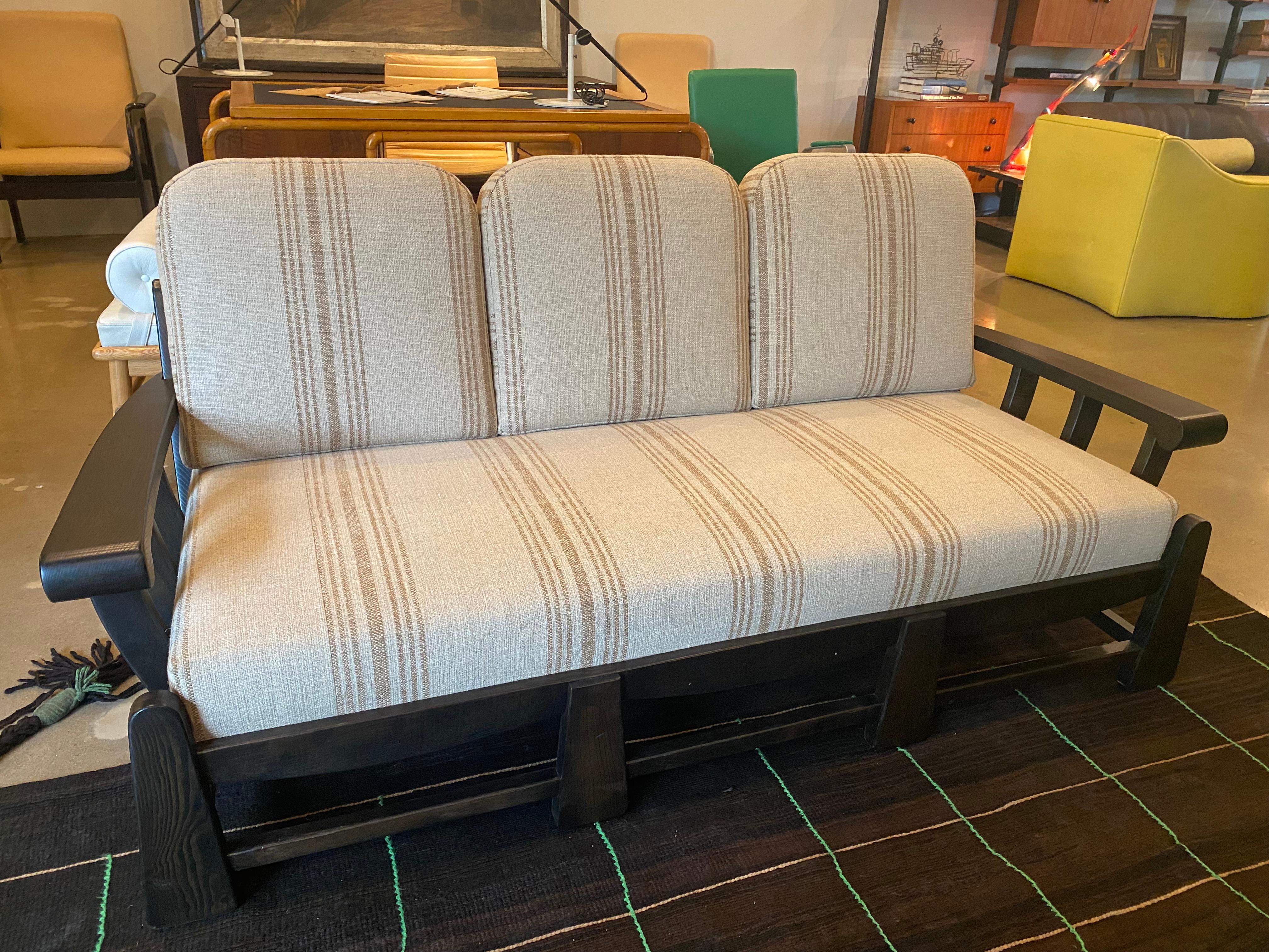 Mid-Century Modern Ebony Ash and Linen Sofa, Dutch, 1960's For Sale