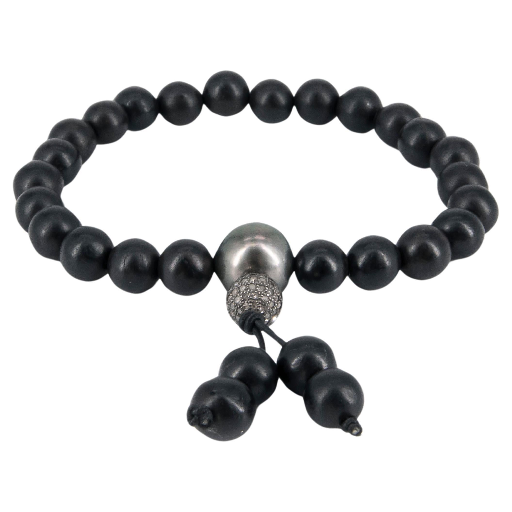 Ebony beaded bracelet with Tahiti pearl and diamond bead for Men For Sale