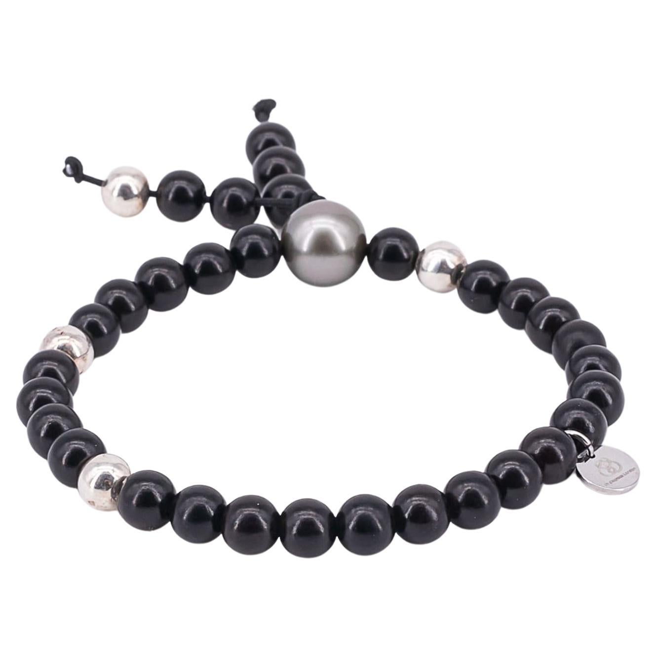Ebony beads bracelet with Tahiti pearl and silver bead For Sale
