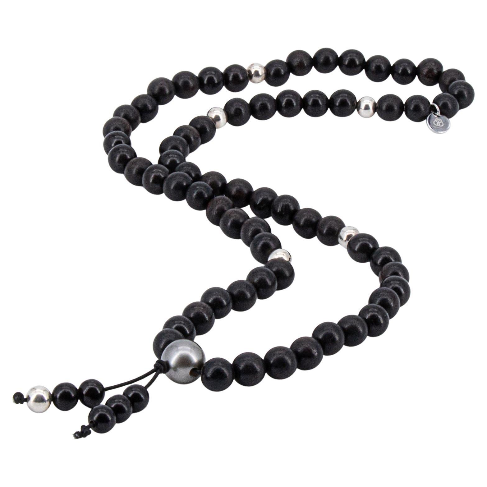 Ebony beads necklace with Tahiti pearl and silver beads For Sale