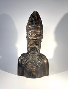 Ebony Benin Kingdom, Bust Carving Of A Young Nigerian Warrior, 1970's