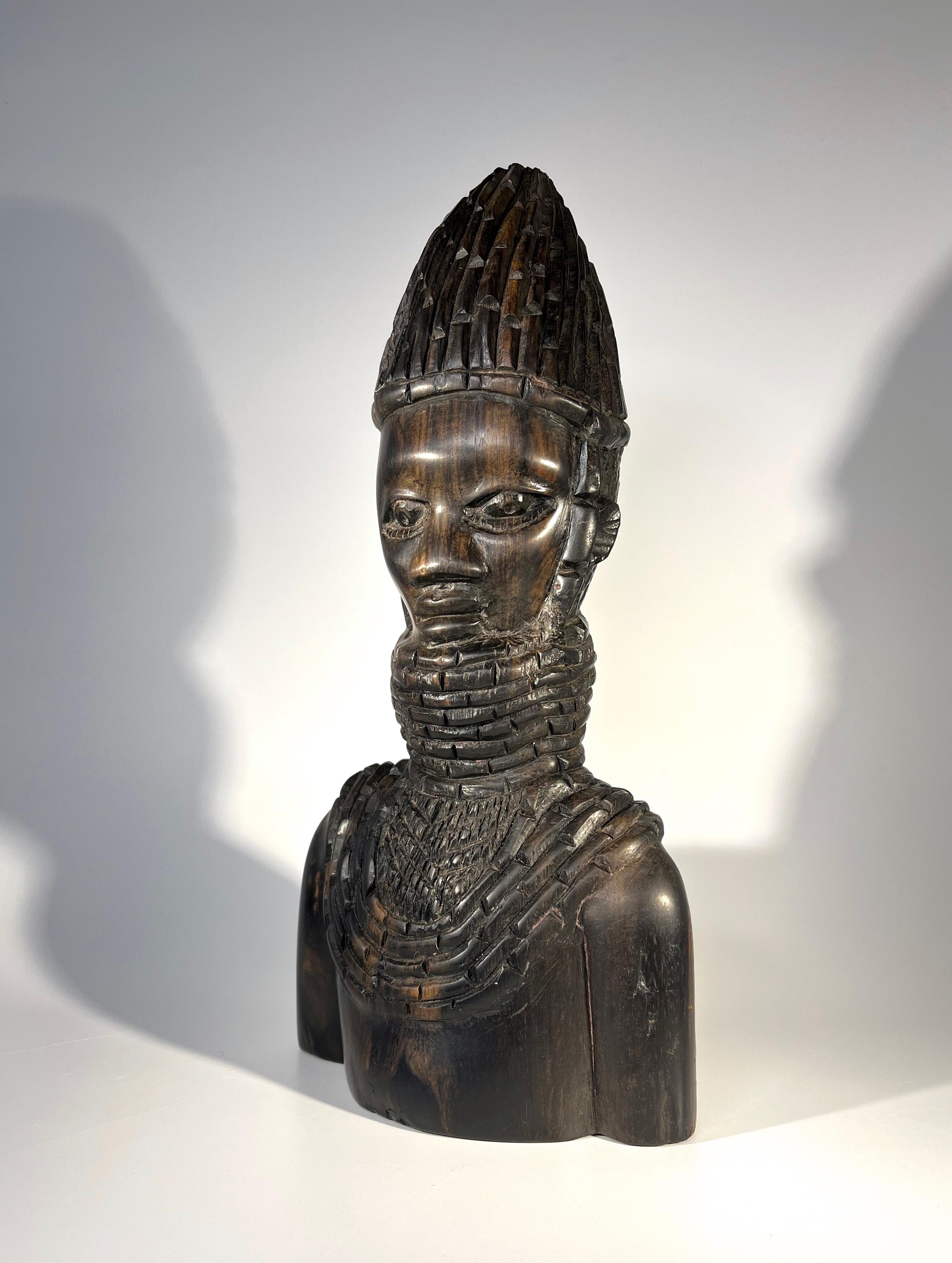 Folk Art Ebony Benin Kingdom, Bust Carving Of A Young Nigerian Warrior, 1970's For Sale