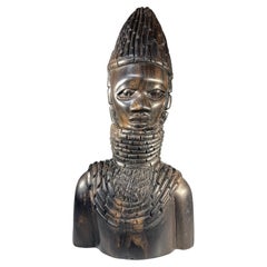 Ebony Benin Kingdom, Bust Carving Of A Young Nigerian Warrior, 1970's