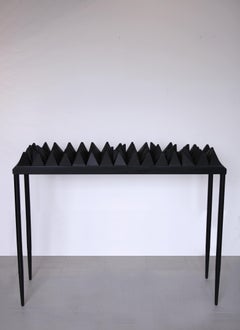 Ebony Black Wood Sculpture Console with Metal Base in Black Color