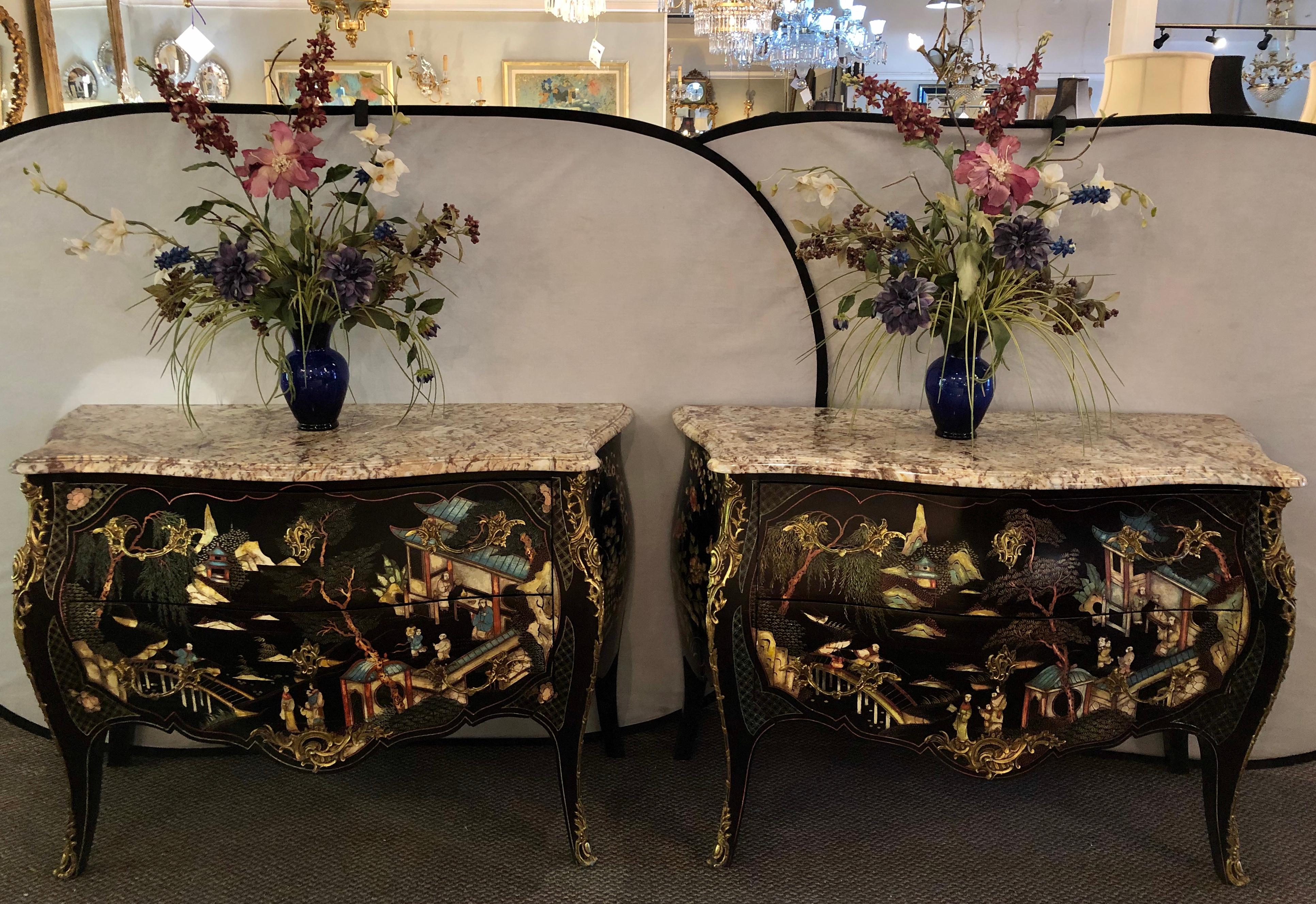 Ebony Bombe Chests Commodes Chinoiserie Louis XV Style Marble Top, a Pair 6