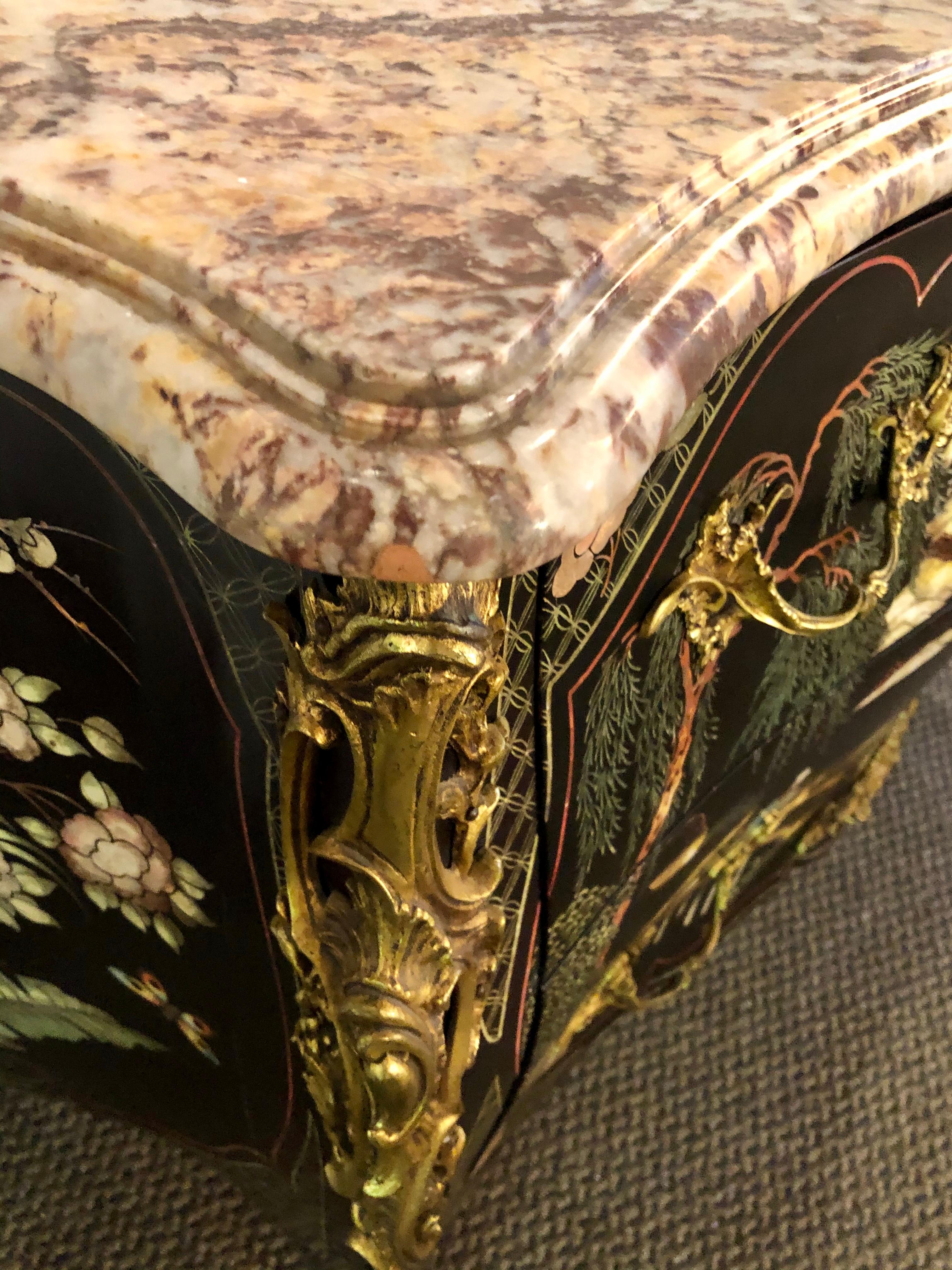 Ebony Bombe Chests Commodes Chinoiserie Louis XV Style Marble Top, a Pair 7