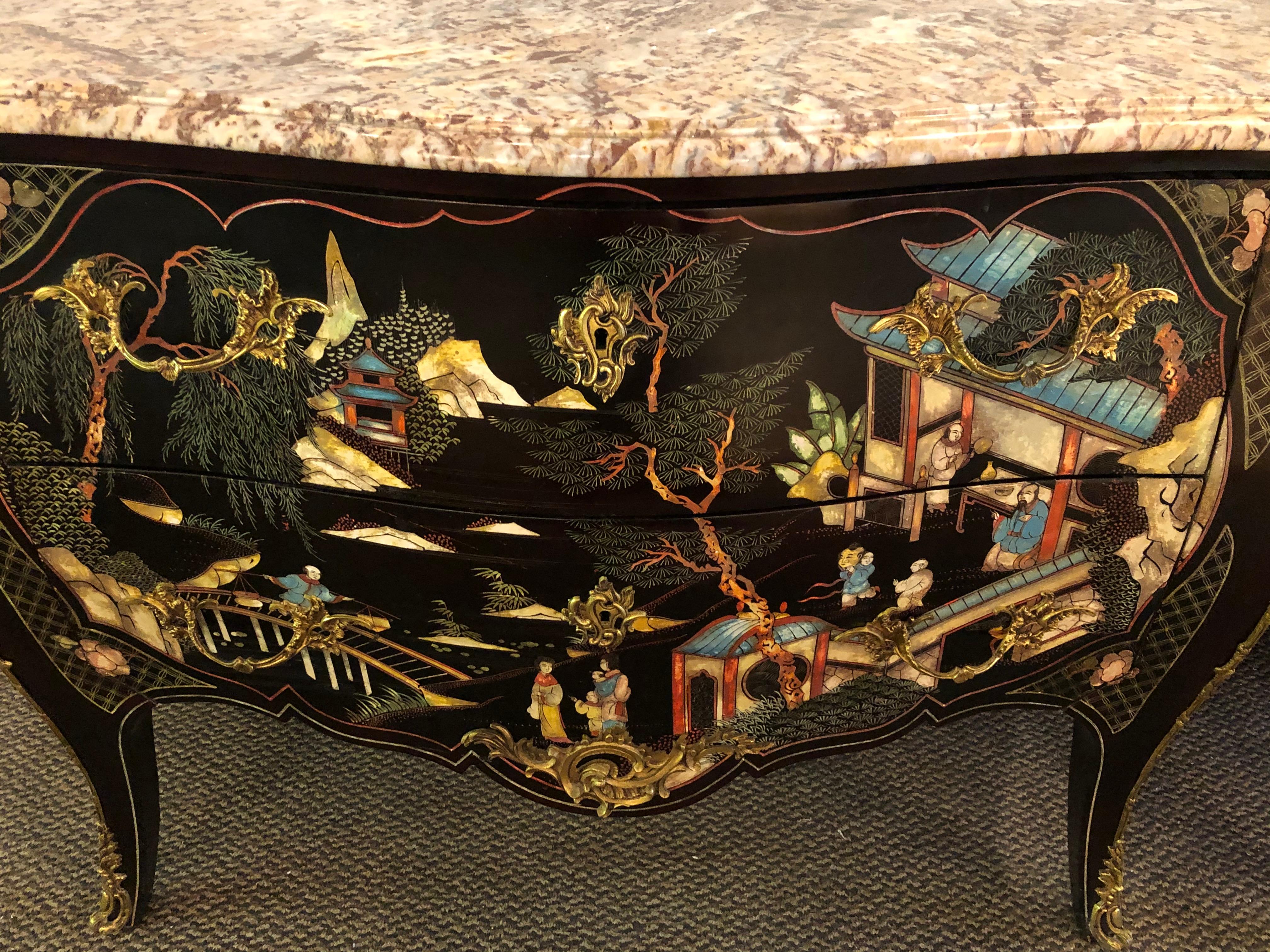 Ebony Bombe Chests Commodes Chinoiserie Louis XV Style Marble Top, a Pair In Good Condition In Stamford, CT