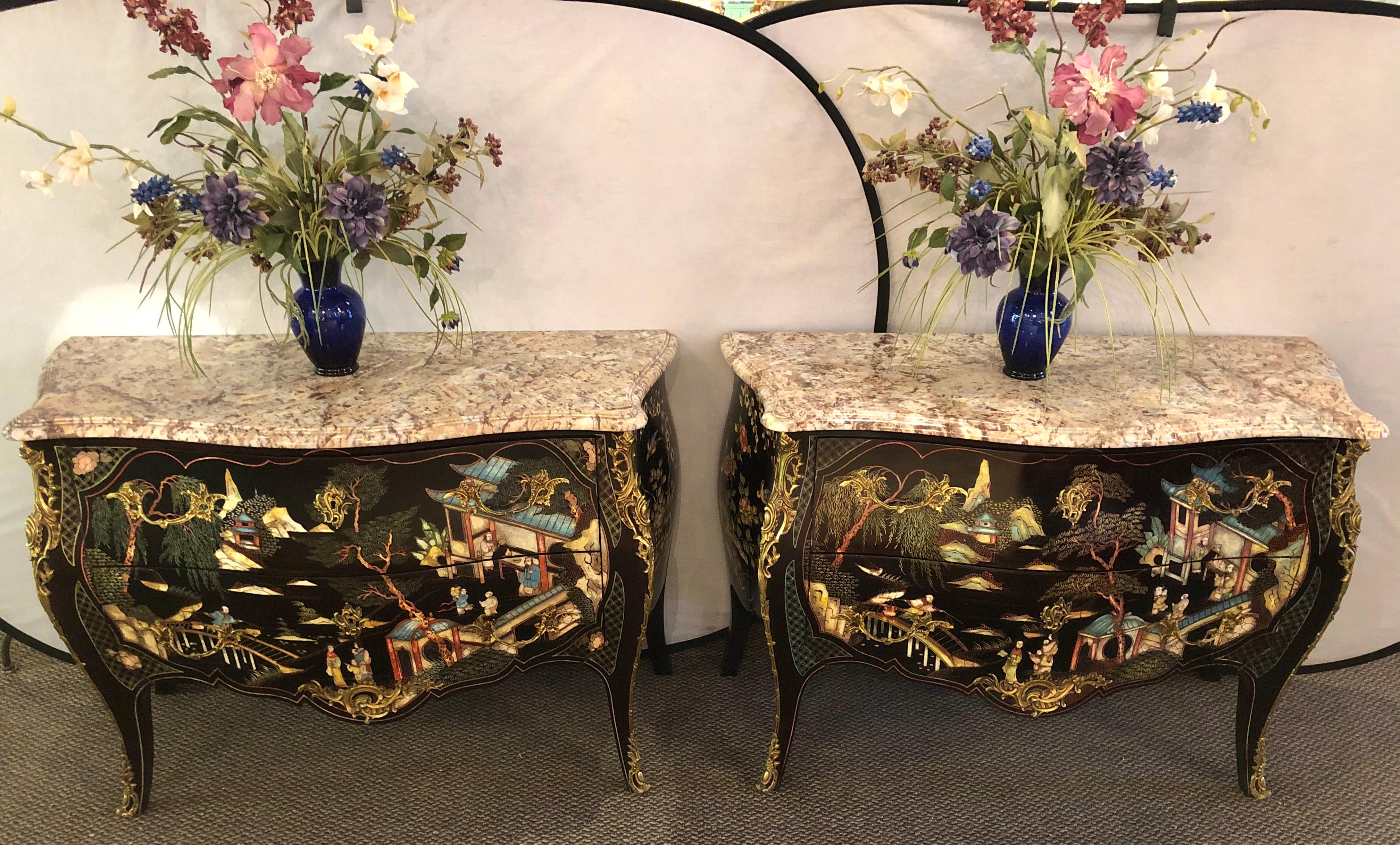 20th Century Ebony Bombe Chests Commodes Chinoiserie Louis XV Style Marble Top, a Pair