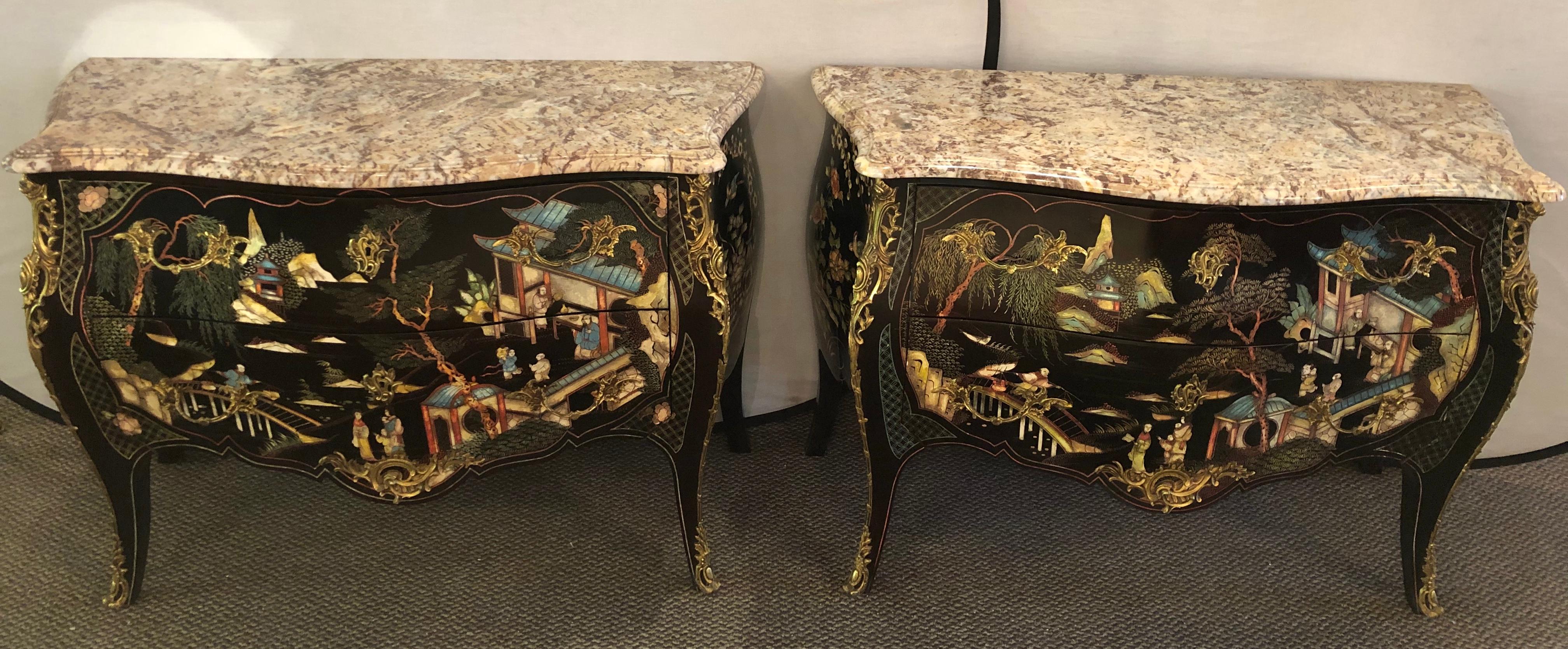 Ebony Bombe Chests Commodes Chinoiserie Louis XV Style Marble Top, a Pair 1