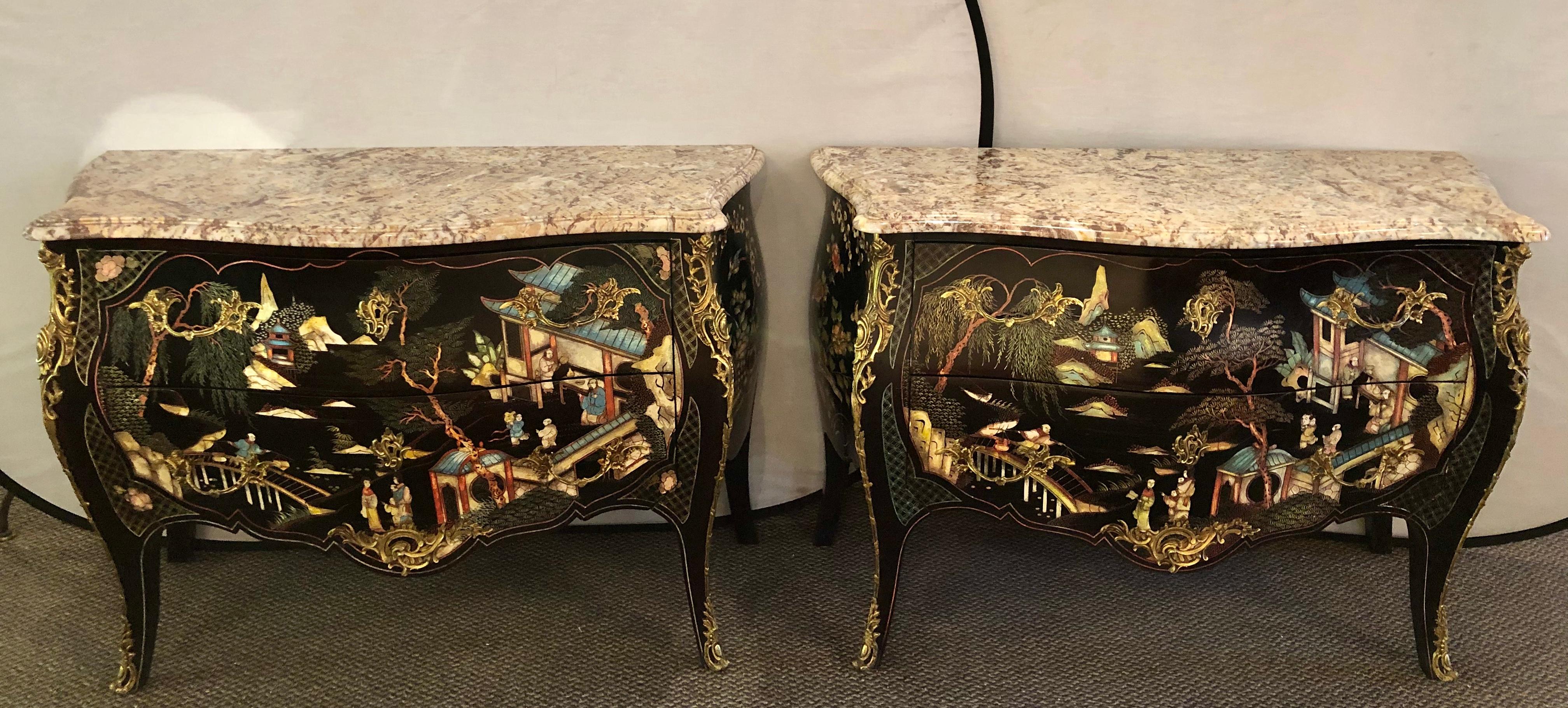 Ebony Bombe Chests Commodes Chinoiserie Louis XV Style Marble Top, a Pair 2