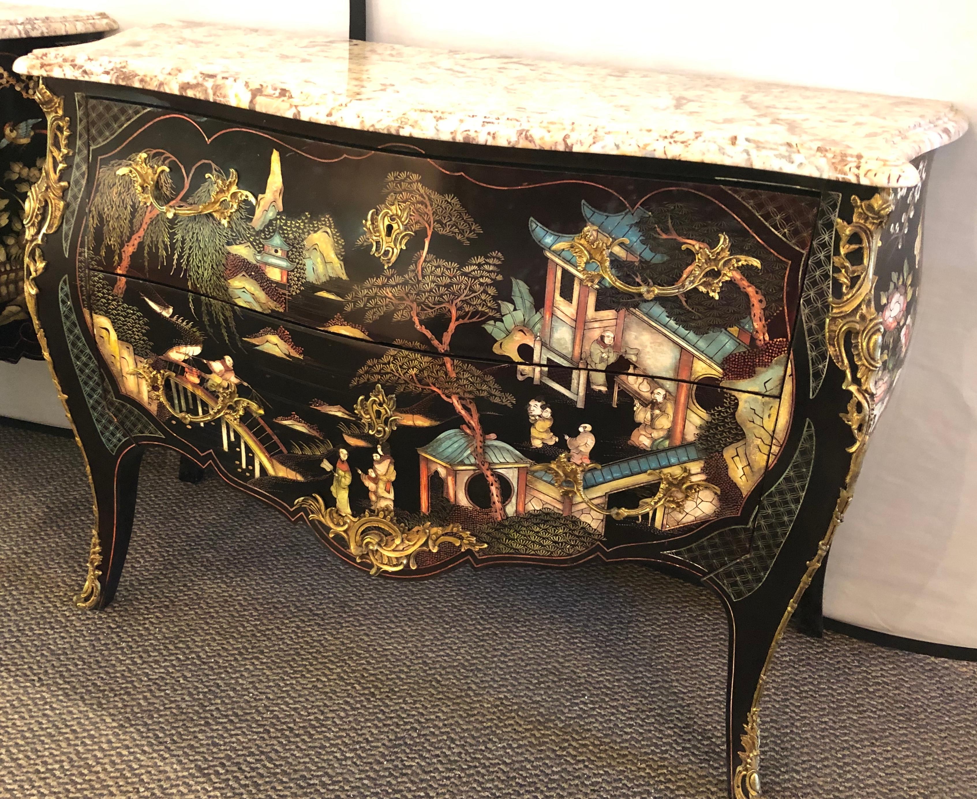 Ebony Bombe Chests Commodes Chinoiserie Louis XV Style Marble Top, a Pair 3