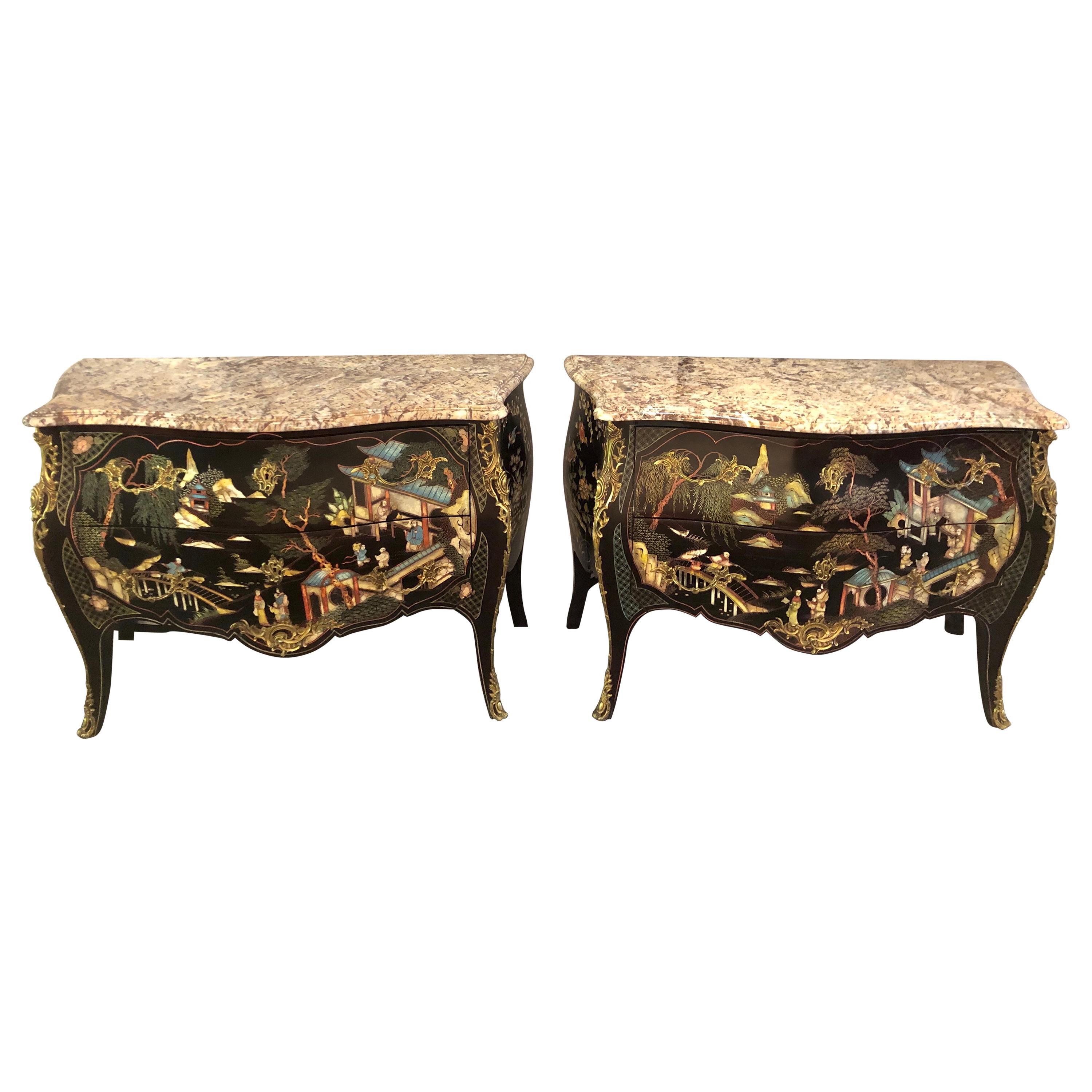 Ebony Bombe Chests Commodes Chinoiserie Louis XV Style Marble Top, a Pair