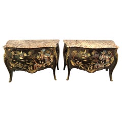 Ebony Bombe Chests Commodes Chinoiserie Louis XV Style Marble Top, a Pair