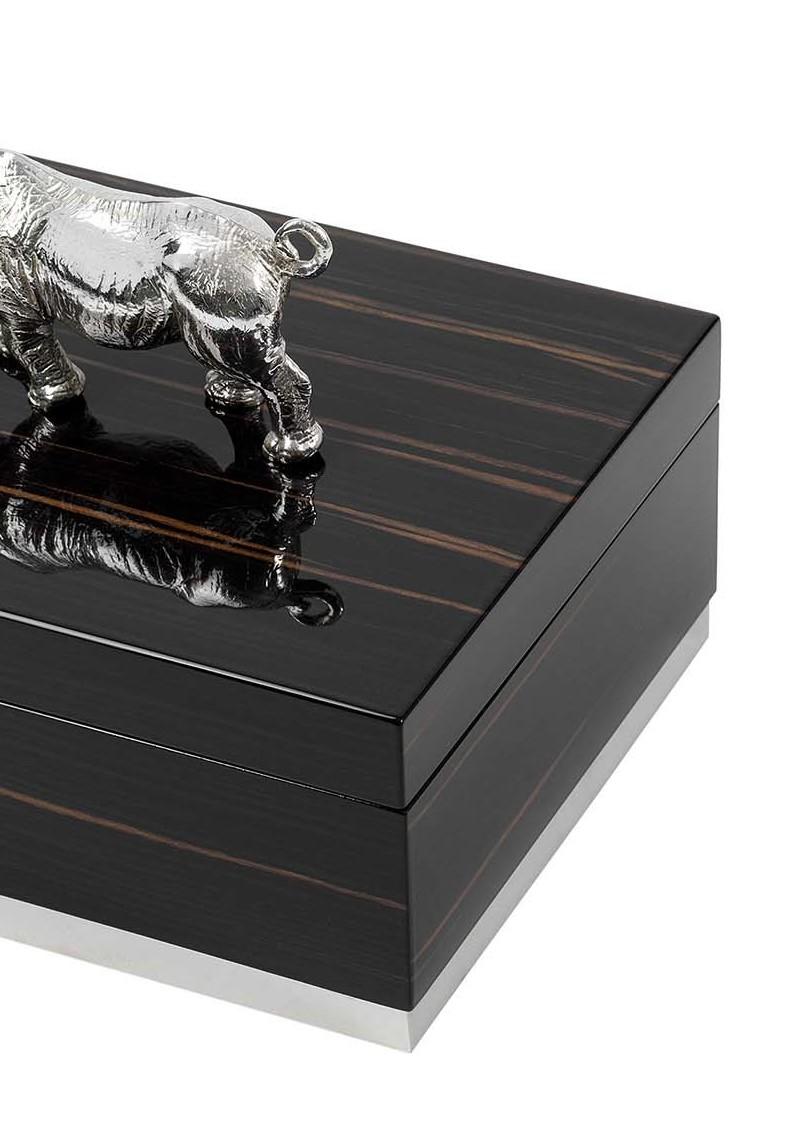 Italian Ebony Box with Silver Rhinoceros