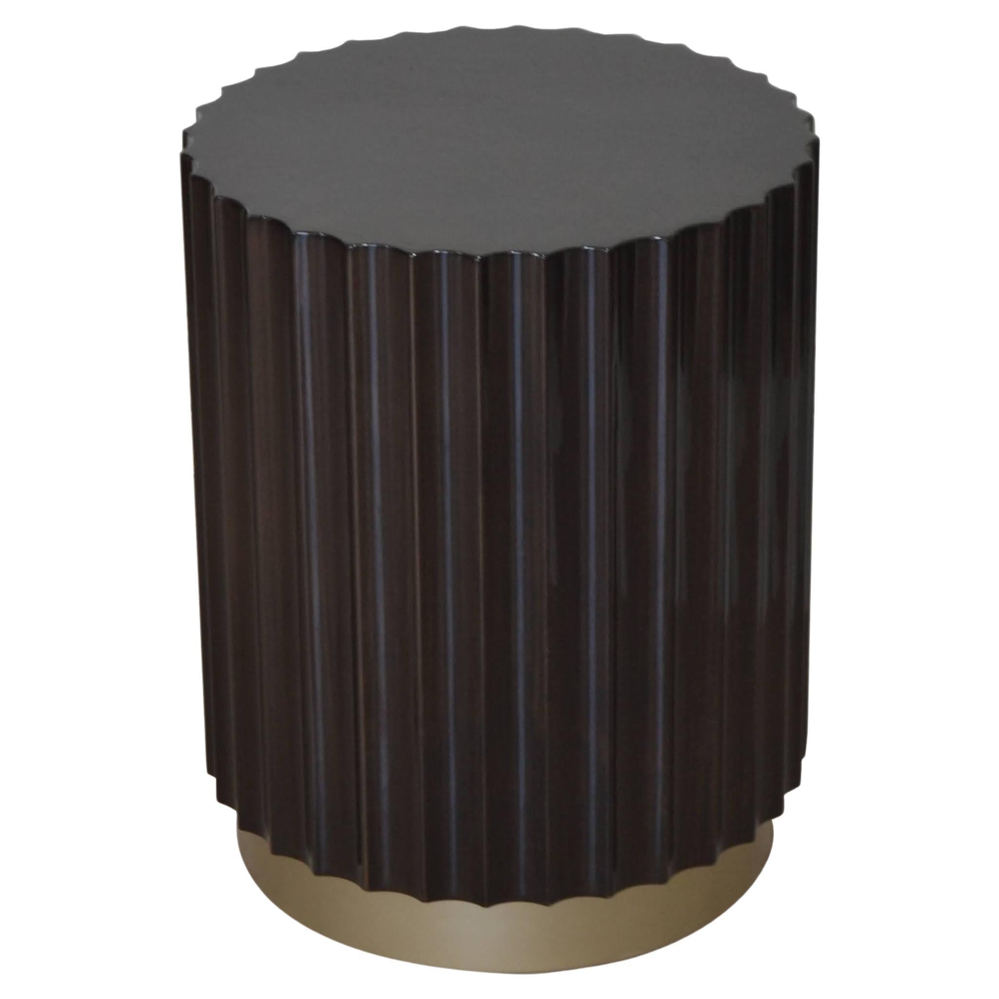 Ebony Brown Coloumn Round Side Coffee / Drum Table with Brass Painted Base For Sale