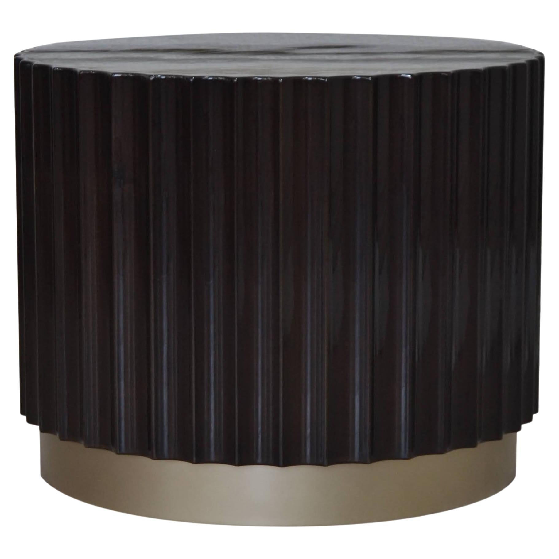 Ebony Brown Coloumn Round Side Coffee / Drum Table with Brass Painted Base For Sale