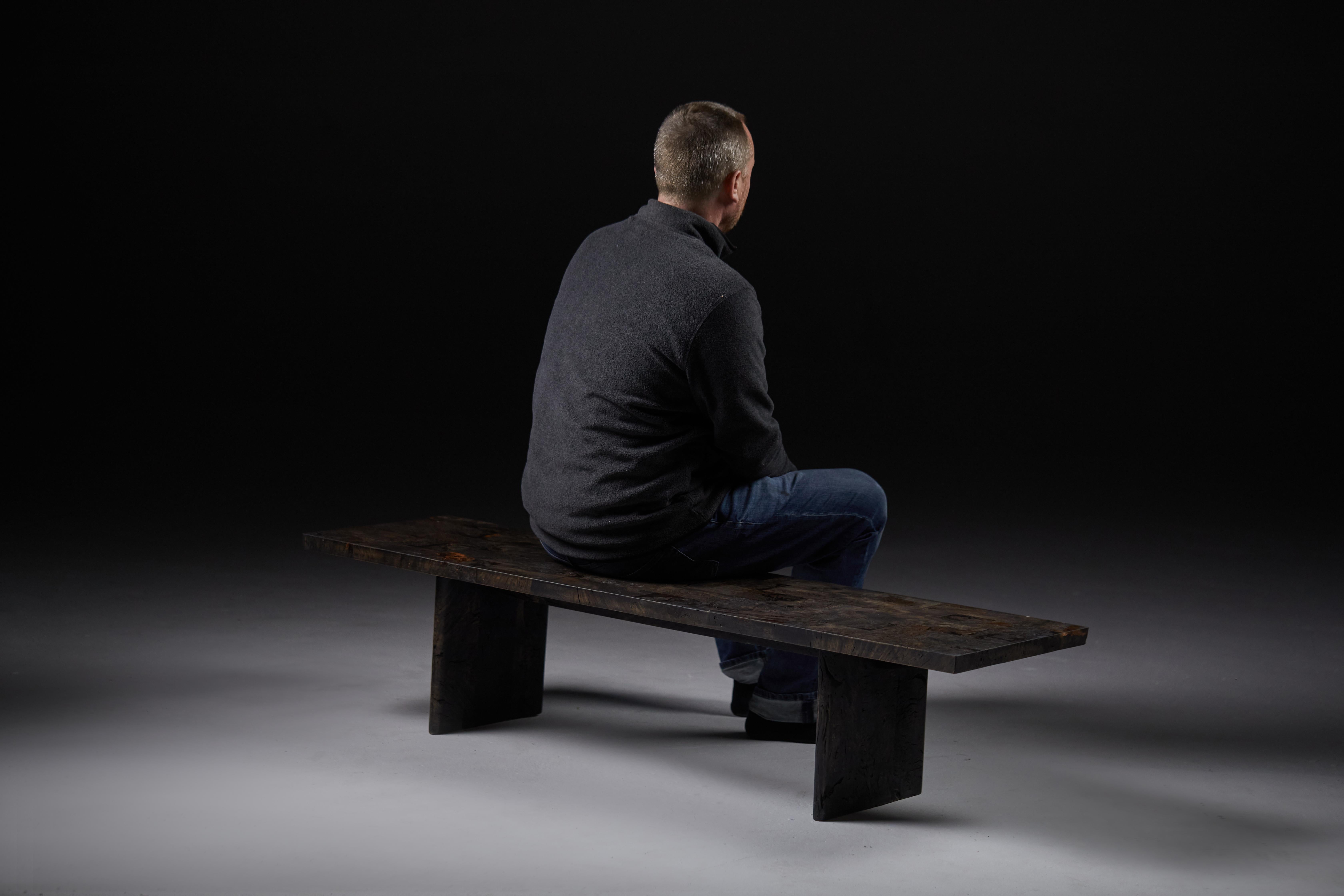 Organic Modern Low Ebonized Burr Oak Bench by Jonathan Field. Unique For Sale