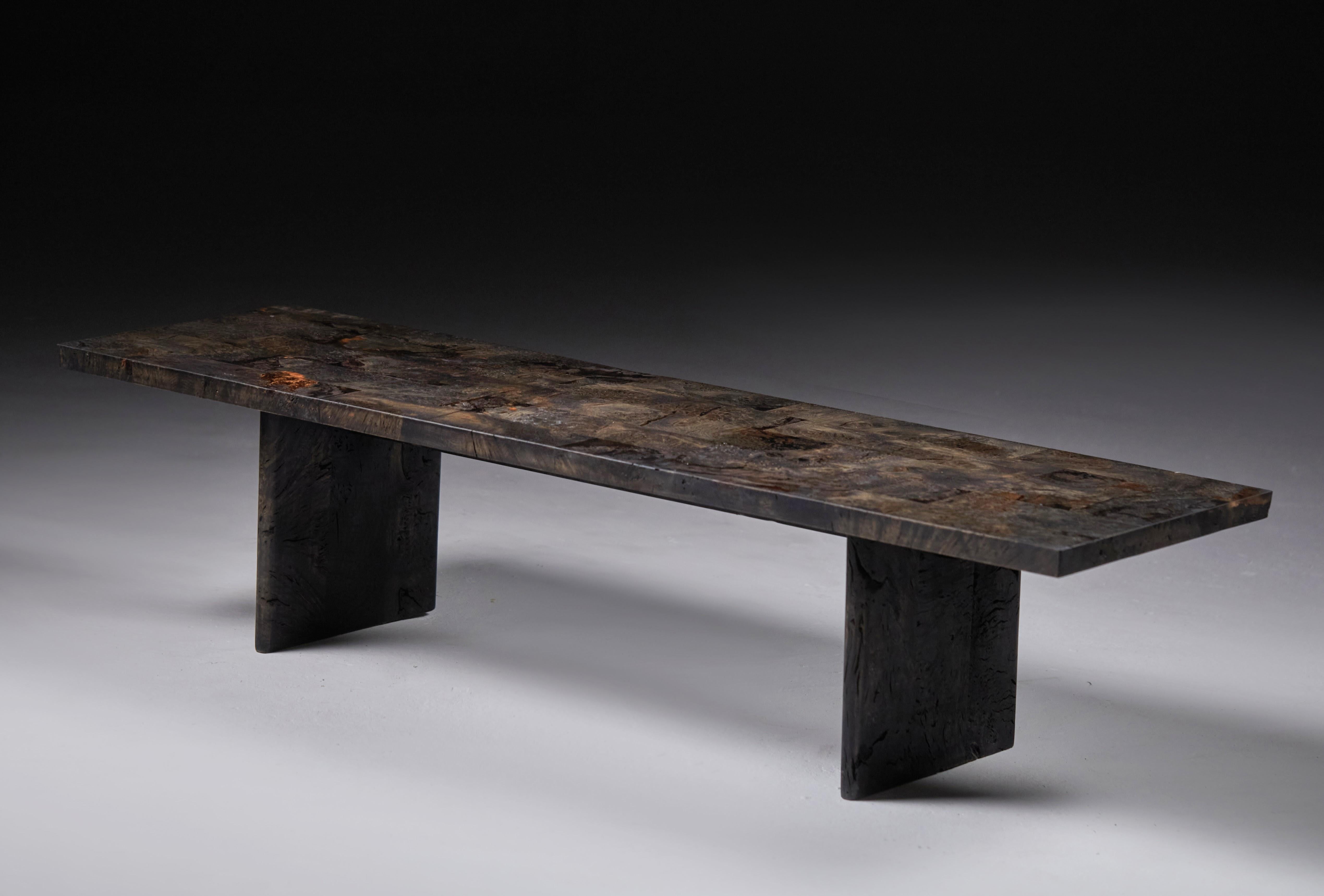 English Low Ebonized Burr Oak Bench by Jonathan Field. Unique For Sale