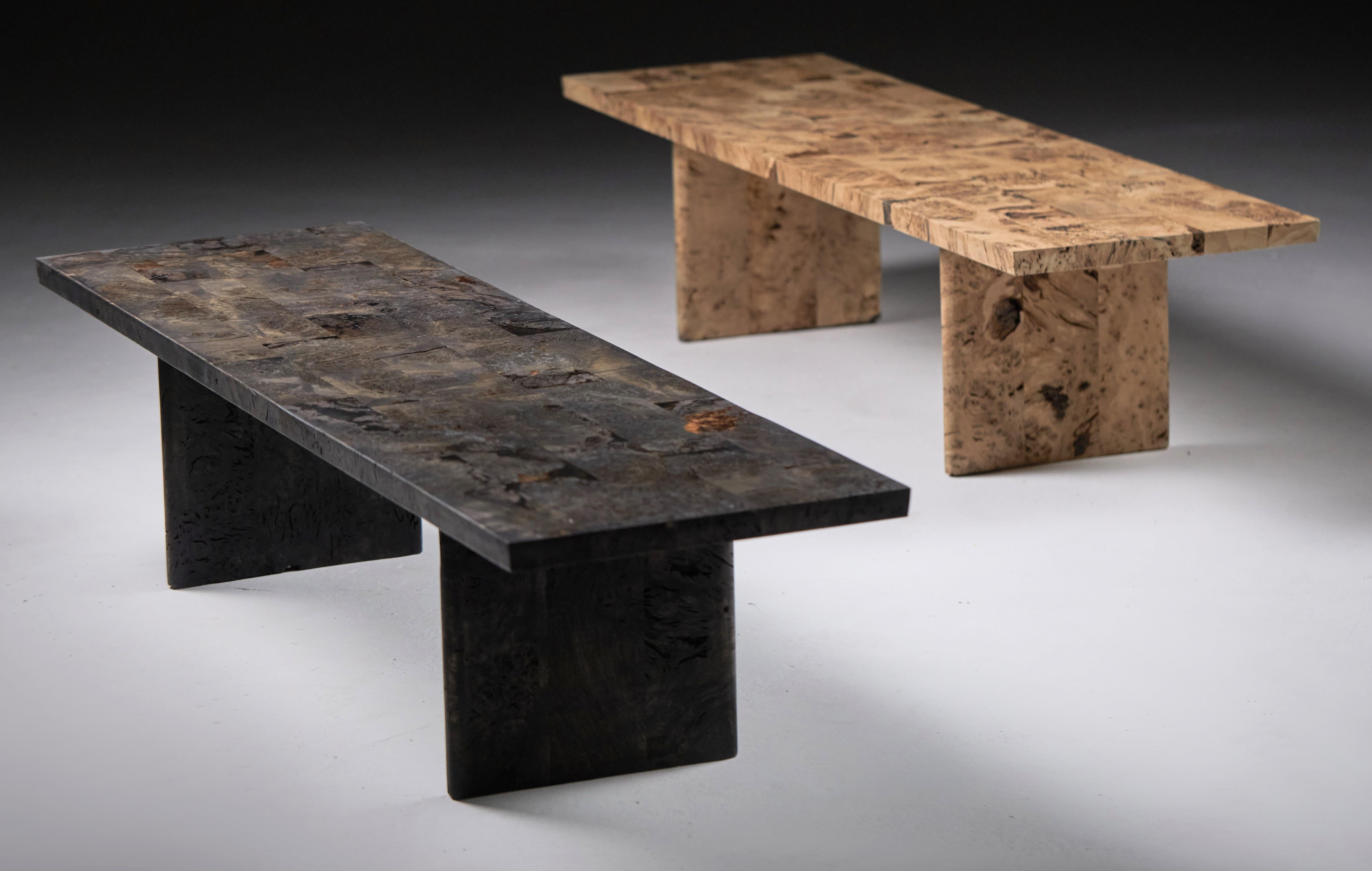 Contemporary Low Ebonized Burr Oak Bench by Jonathan Field. Unique For Sale