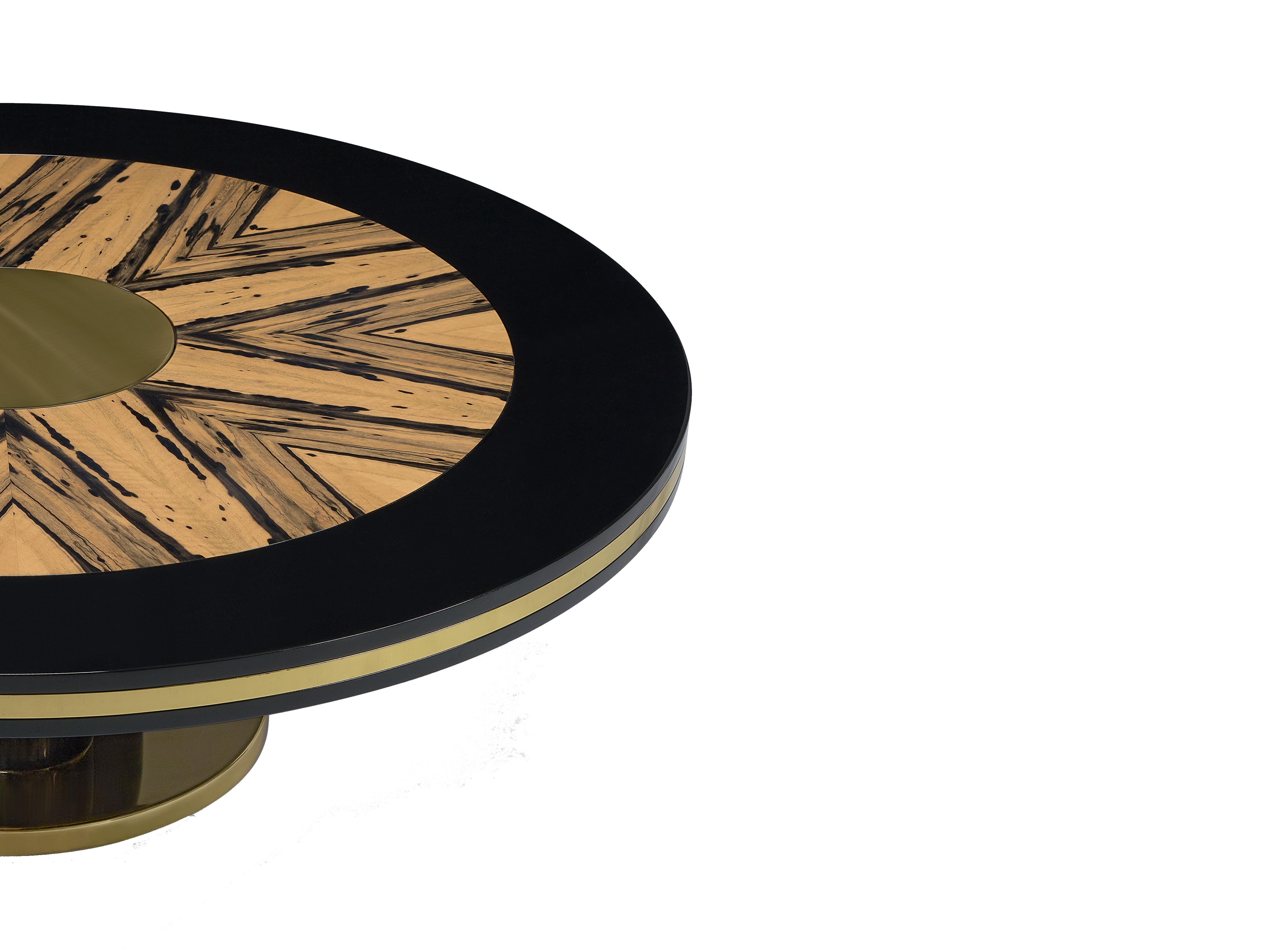 Ebony Center Table by Memoir Essence
Dimensions: D 120 x W 120 x H 27 cm.
Materials: Polished brass, lacquer and Royal ebony.

An exquisite combination of royal ebony veneer and black lacquered wood, finished in high gloss varnish. Ebony Center
