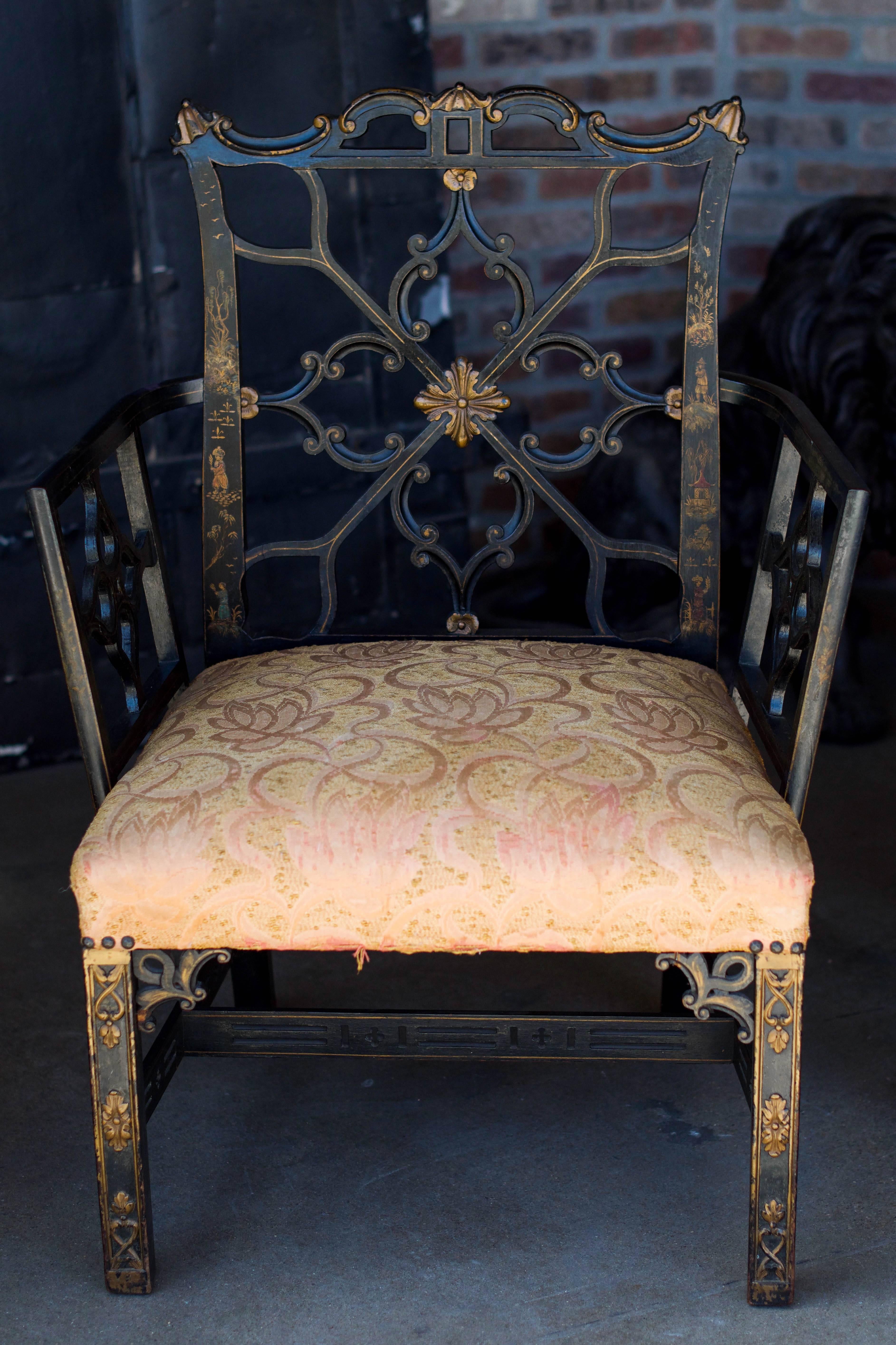 Ebony Chippendale Chairs with Gilding and Chinoiserie, 19th Century, Pair In Good Condition In Austin, TX