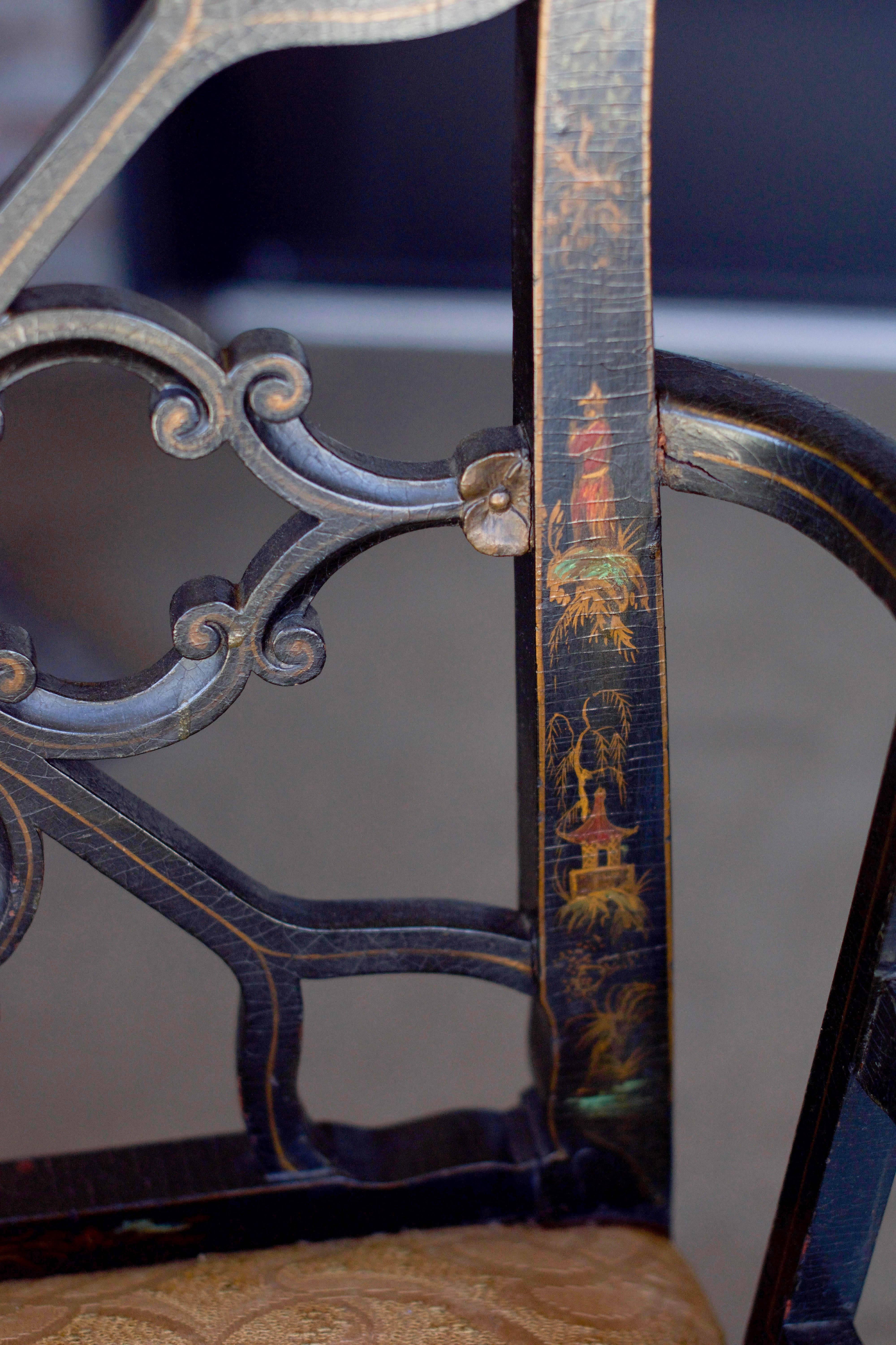 Ebony Chippendale Chairs with Gilding and Chinoiserie, 19th Century, Pair 1