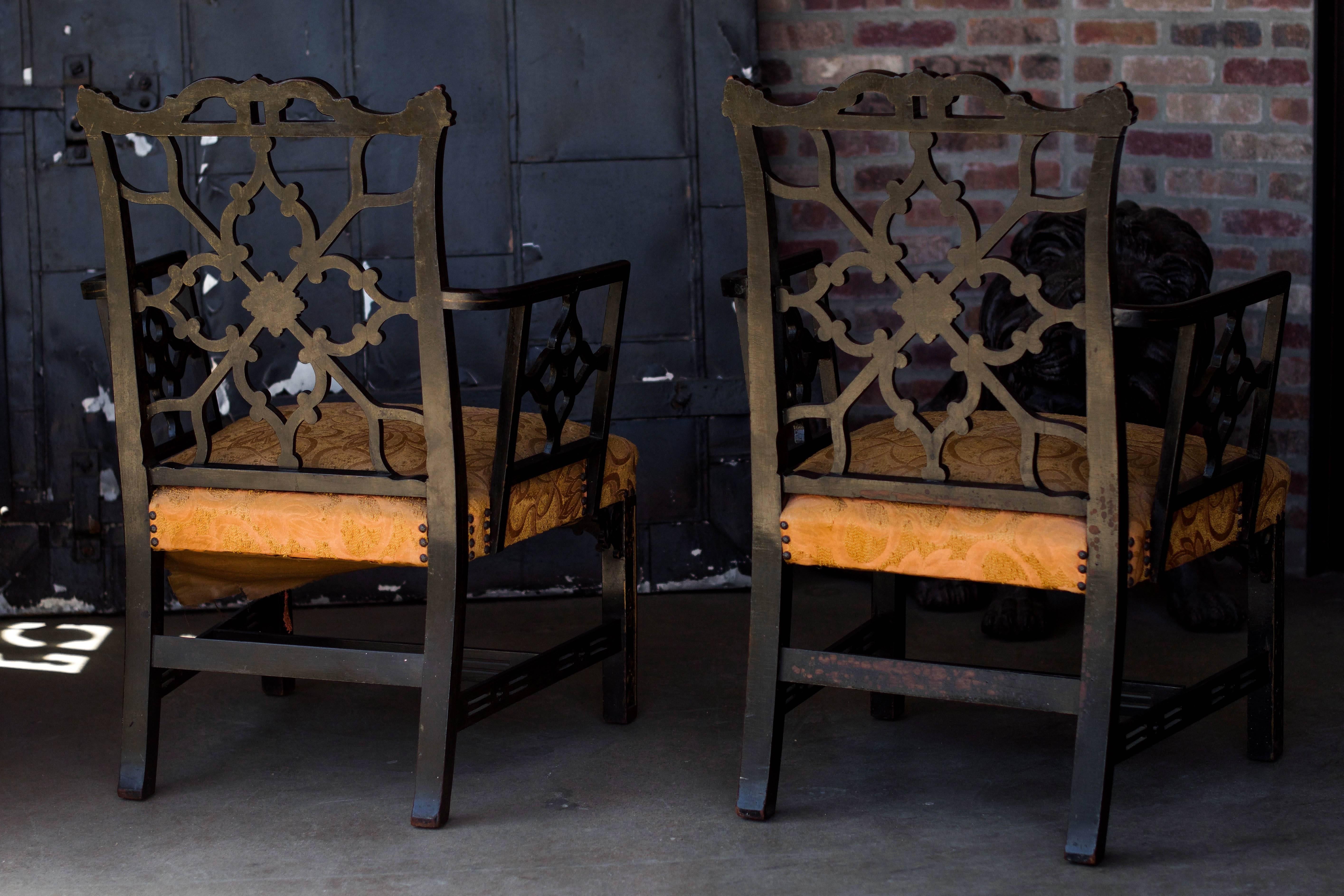 Ebony Chippendale Chairs with Gilding and Chinoiserie, 19th Century, Pair 3
