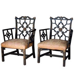 Ebony Chippendale Chairs with Gilding and Chinoiserie, 19th Century, Pair