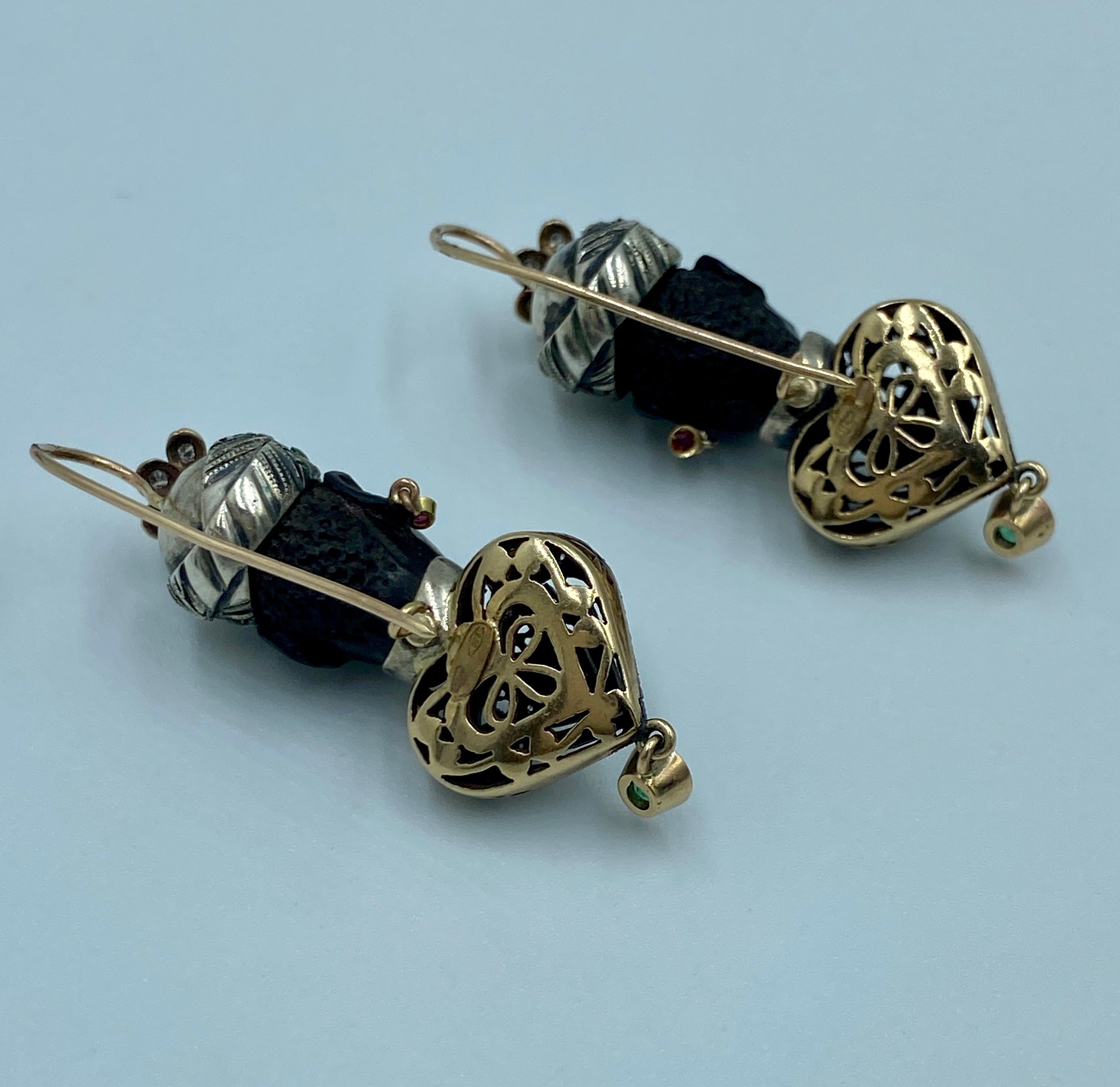 Contemporary Ebony, diamond, emerald and ruby moretto earrings For Sale