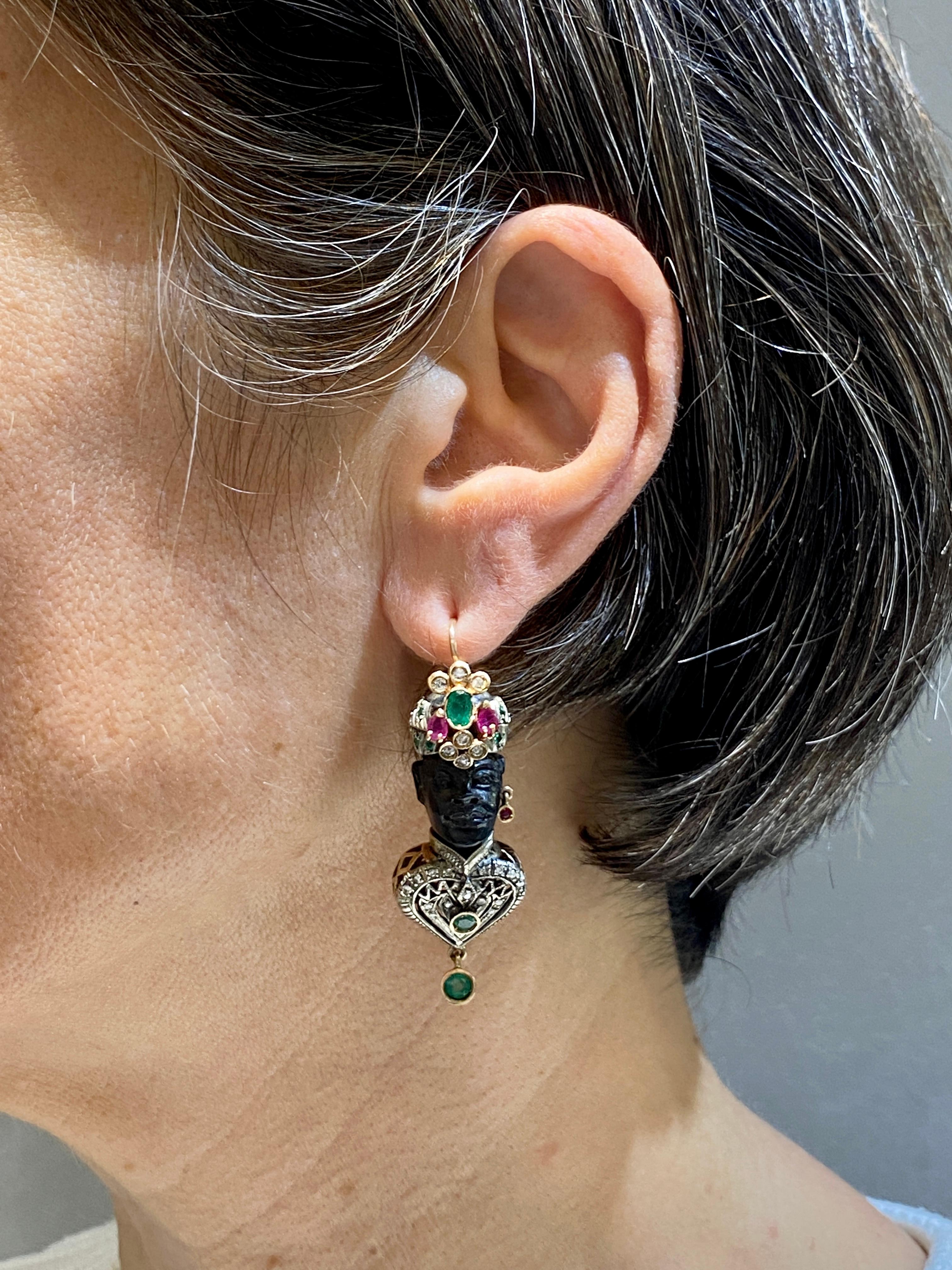 Round Cut Ebony, diamond, emerald and ruby moretto earrings For Sale