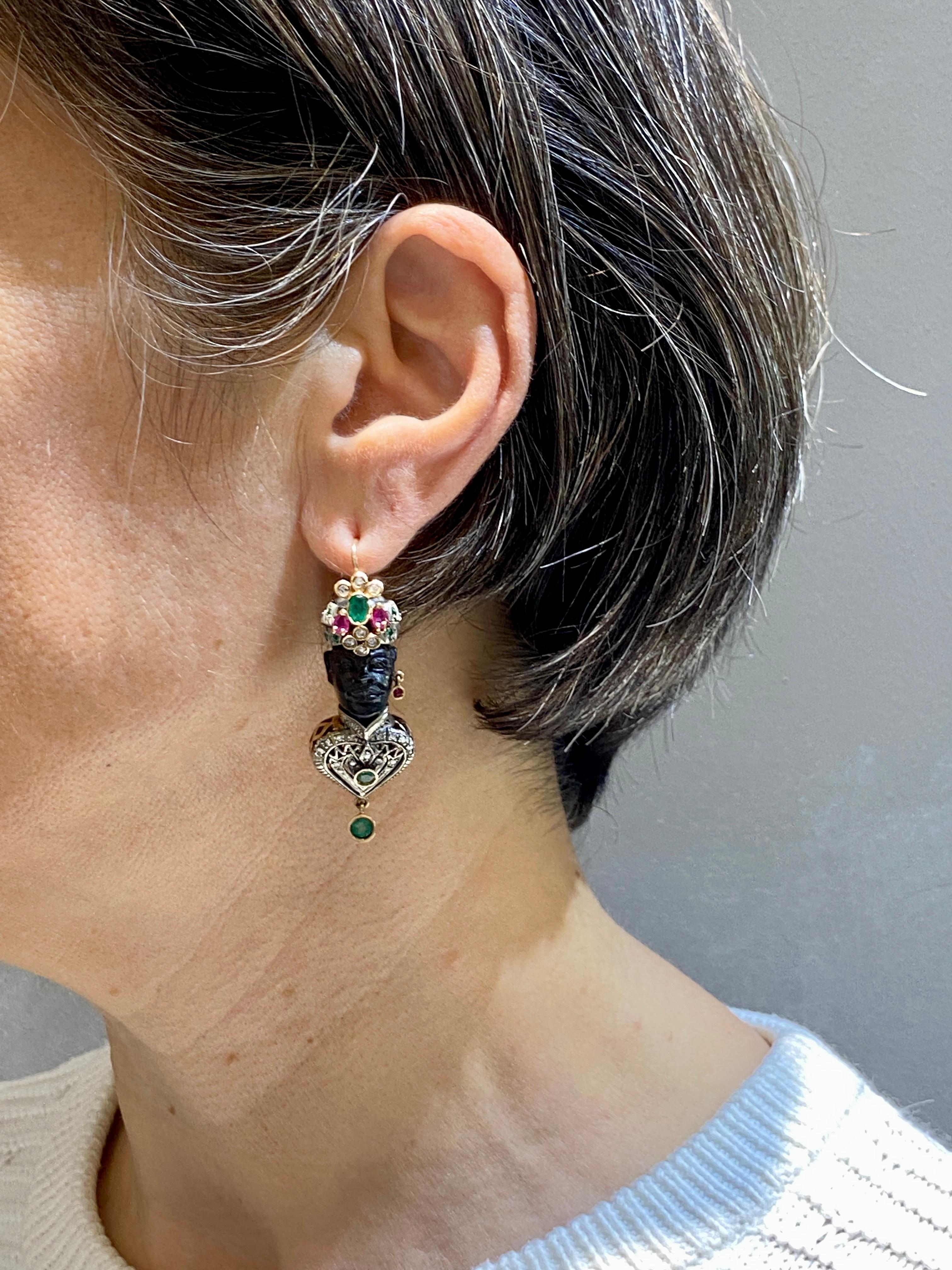 Ebony, diamond, emerald and ruby moretto earrings In Good Condition For Sale In London, GB