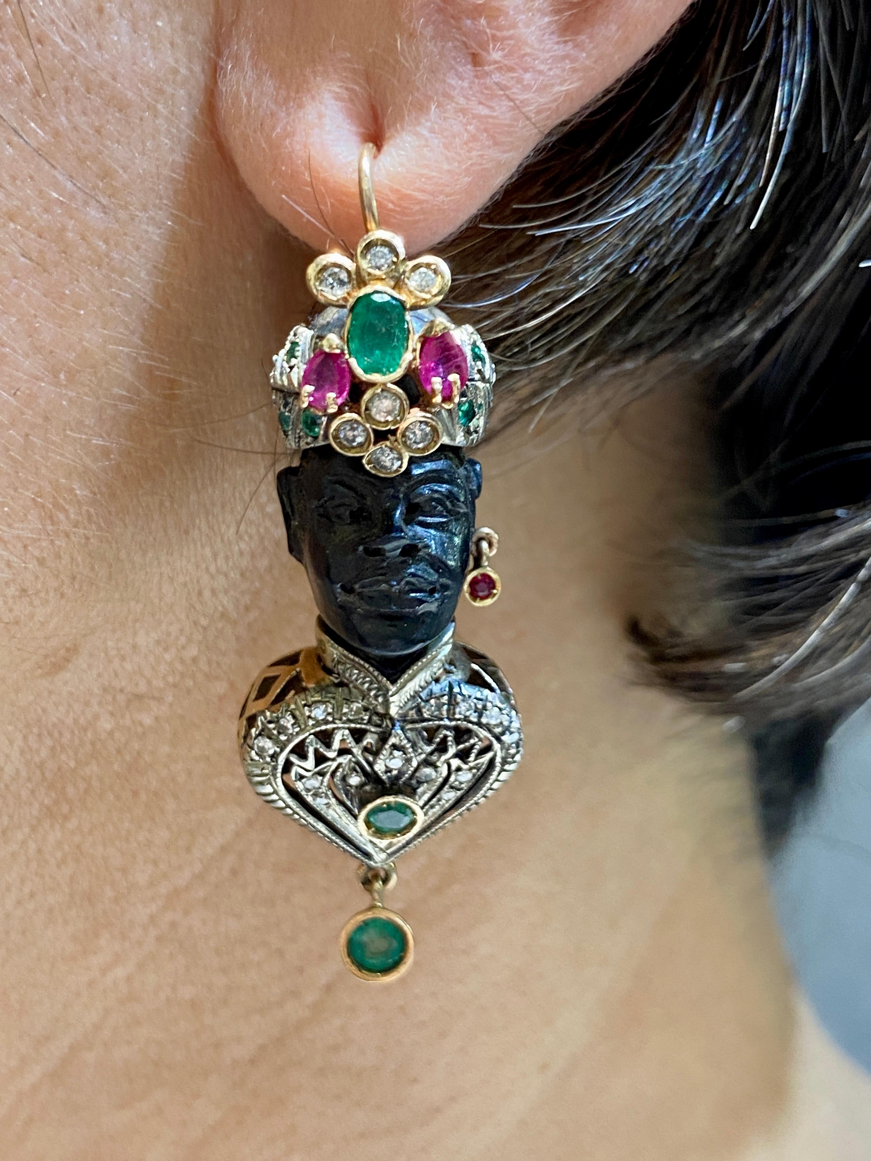 Women's or Men's Ebony, diamond, emerald and ruby moretto earrings For Sale