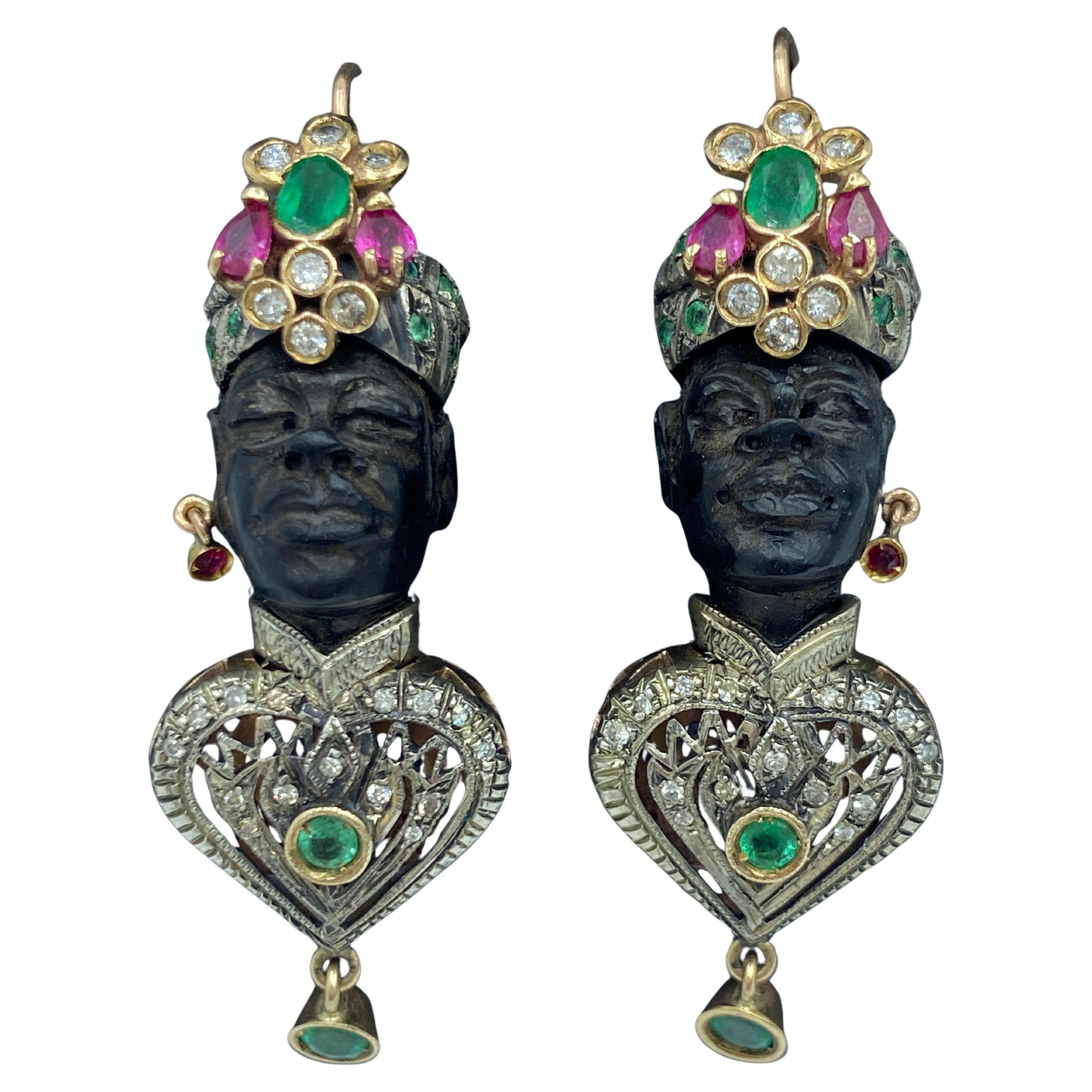 Ebony, diamond, emerald and ruby moretto earrings For Sale