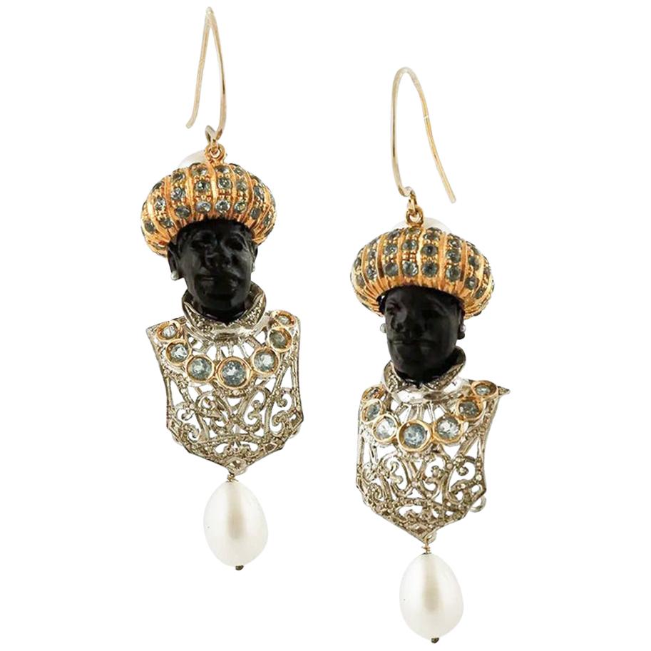 Ebony, Diamonds, Topazes, Pearls, Rose Gold and Silver Retro Moretto Earrings