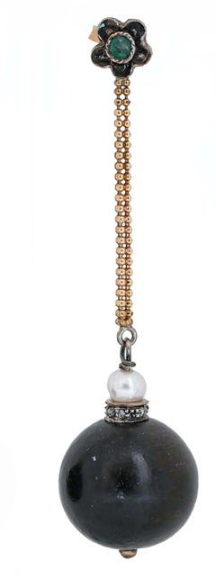 Ebony, Emeralds, Diamonds, Pearls, 14 Karat Rose Gold and Silver Earrings.