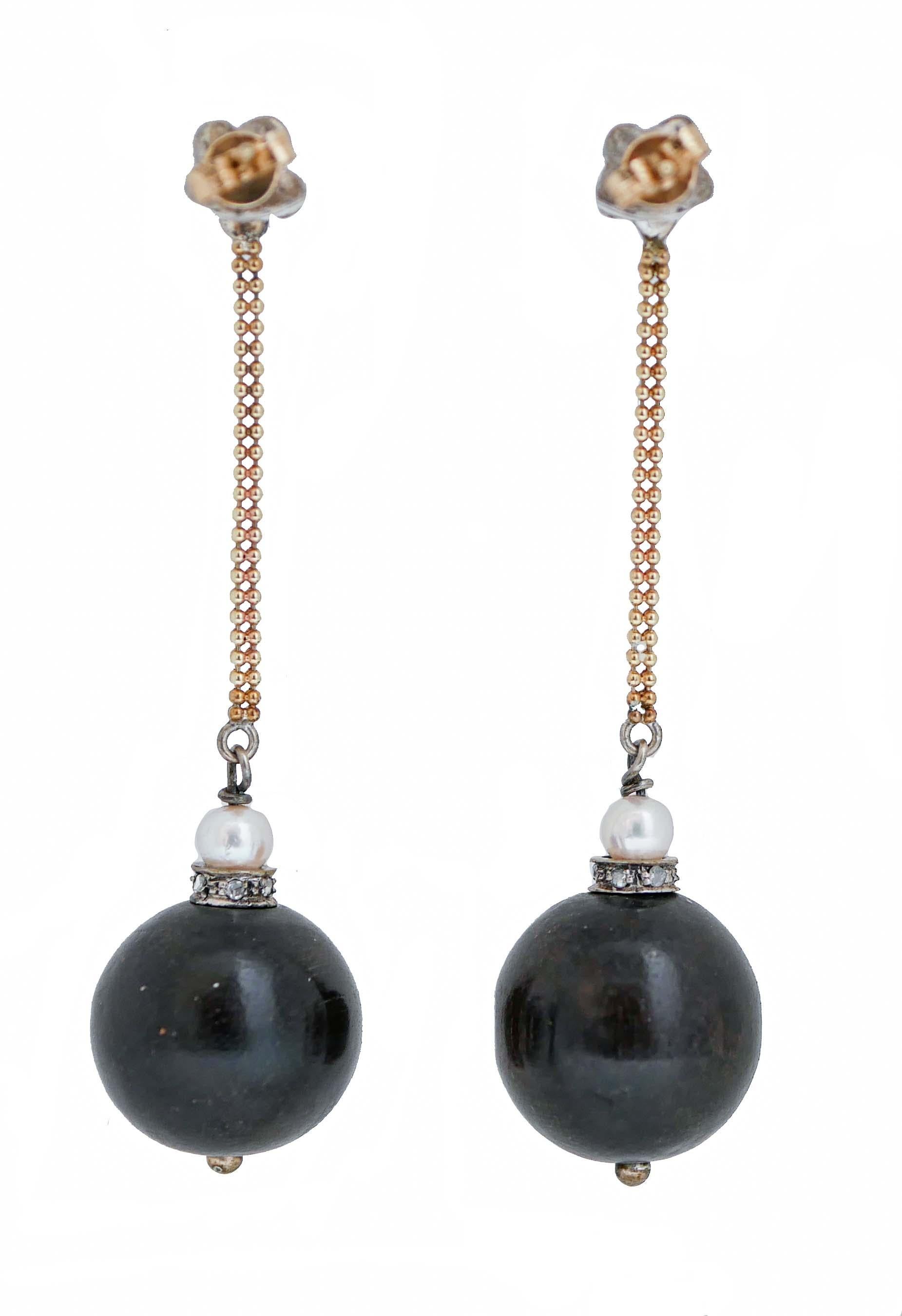 Retro Ebony, Emeralds, Diamonds, Pearls, 14 Karat Rose Gold and Silver Earrings. For Sale