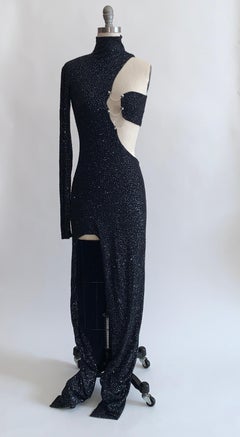 Ebony Fashion Fair 1990s Couture Black Glitter Cut Out Dress Clear Disc Detail